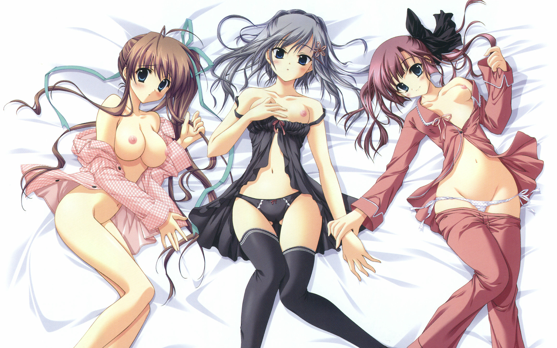 3girls akane-iro_ni_somaru_saka bed blue_eyes bottomless breasts brown_hair female female_only hand_holding highres holding_hands izumi_tsubasu katagiri_yuuhi lowleg lowleg_panties lying mikoto_tachibana minato_nagase multiple_girls nagase_minato nipples no_panties open_clothes open_shirt pajamas panties purple_hair ryohka ryouka_(suzuya) shirt side-tie_panties tachibana_mikoto thighhighs underwear wallpaper yuuhi_katagiri