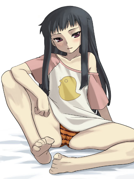 ar_tonelico ar_tonelico_2 ar_tonelico_ii barefoot black_hair clothing dr.p funbuns gust jacqli jakuri long_hair p&p panties pointy_chin purple_eyes raglan_sleeves solo spread_legs striped striped_panties underwear