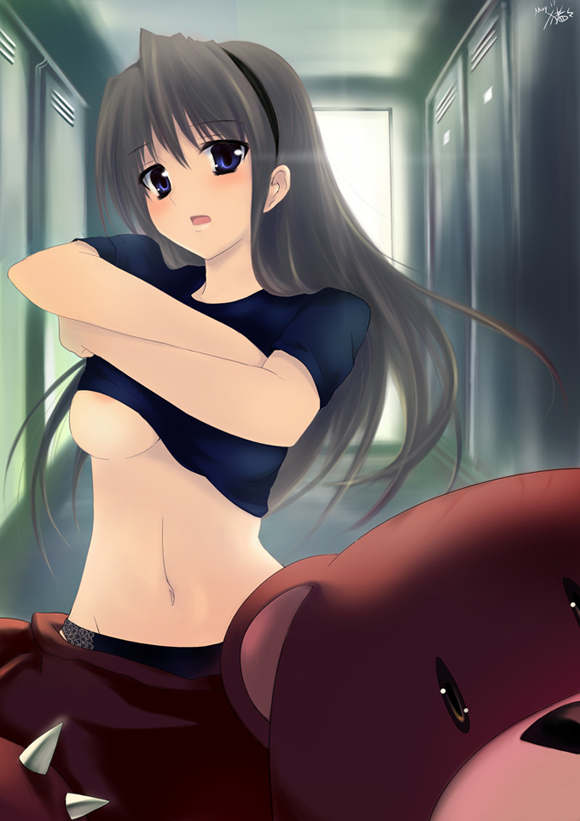 areola blue_eyes breasts clannad clothing cofepig hairband locker_room long_hair midriff panties sakagami_tomoyo silver_hair straight_hair tomoyo_sakagami underboob underwear undressing