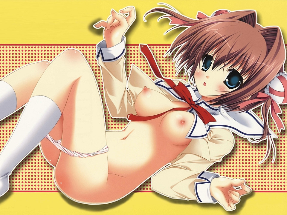 blue_eyes blush breasts brown_hair bun_cover da_capo_ii double_bun footwear nipples panties panty_pull school_uniform serafuku socks underwear yume_asakura