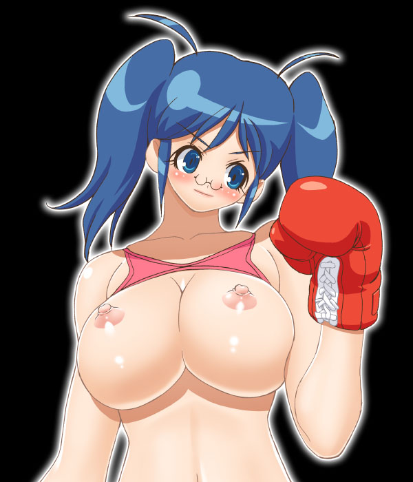 1girls aki_hinata bb big_breasts blue_eyes blue_hair boxing boxing_gloves breasts eyebrows_visible_through_hair female female_only gambler_club gloves hinata_aki keroro_gunsou large_breasts light-skinned_female light_skin lips nipples red_boxing_gloves red_gloves solo tied_hair twintails upper_body