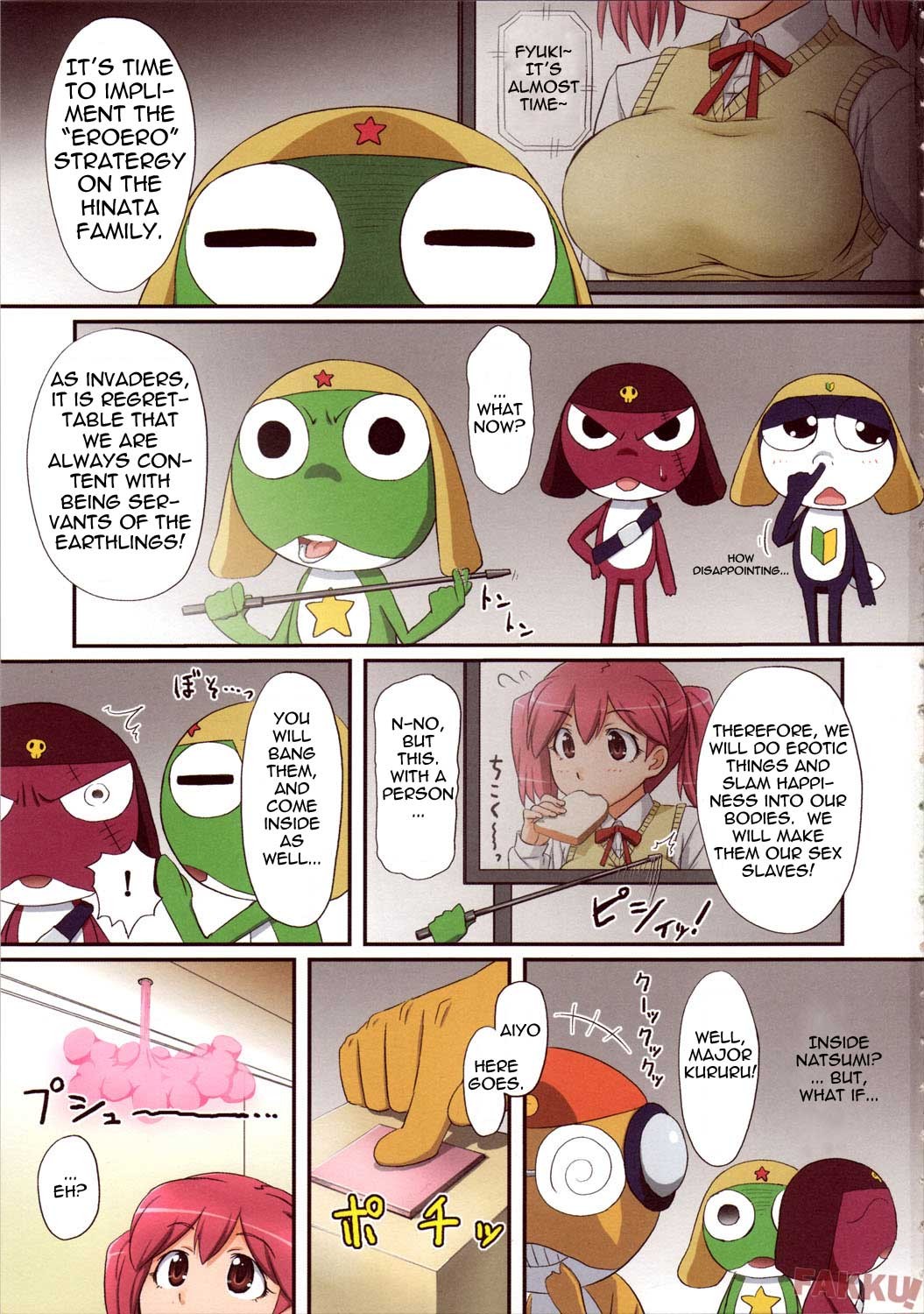 color comic doujinshi frog giroro hard_translated highres hinata_natsumi keroro keroro_gunsou kururu kururu_(keroro_gunsou) natsumi_hinata keroro_gunsou tamama translated