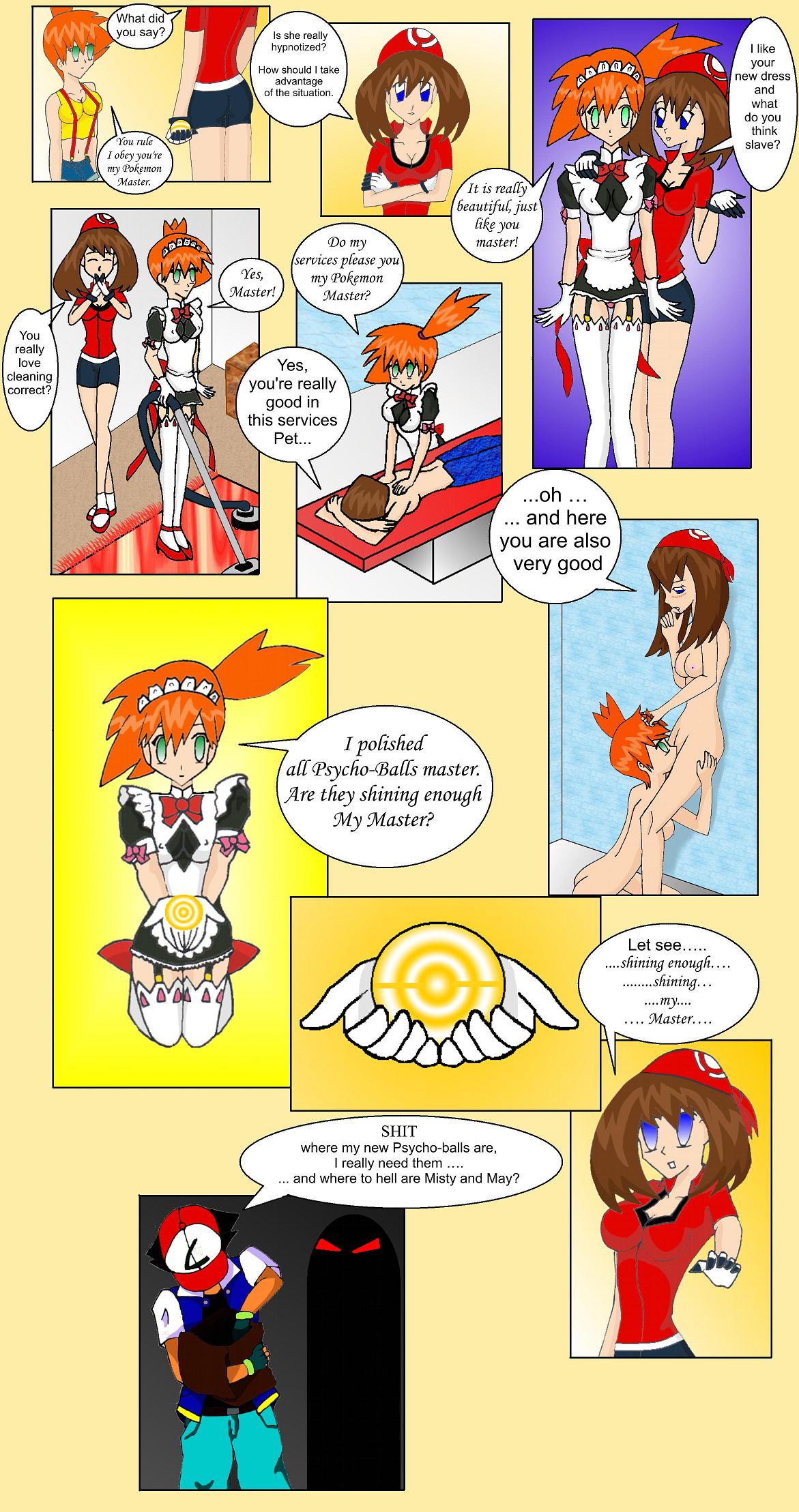 ash_ketchum bandana_only blue_eyes brown_hair comic english_text female green_eyes human human_only maid male may_(pokemon) misty_(pokemon) multiple_females nintendo orange_hair pokemon pokemon_rgby pokemon_rse red_bandana rosvo straight_hair yuri