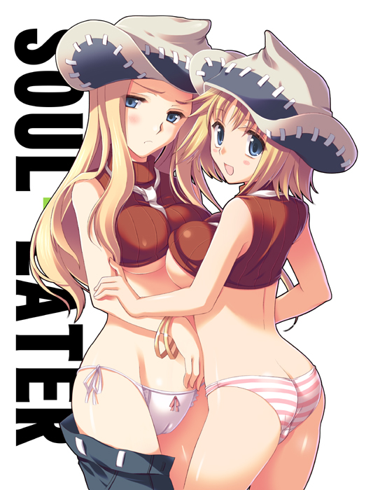 2girls ass ass_cleavage bare_shoulders blonde_hair bow bow_panties breasts butt_crack cameltoe cowgirl elizabeth_thompson hat long_blonde_hair long_hair lowleg lowleg_panties midriff multiple_girls necktie odawara_hakone panties patricia_thompson pink_panties pink_striped_panties short_blonde_hair short_hair siblings side-tie_panties sister sisters sleeveless sleeveless_turtleneck soul_eater striped striped_panties thompson_sisters turtleneck underboob underwear