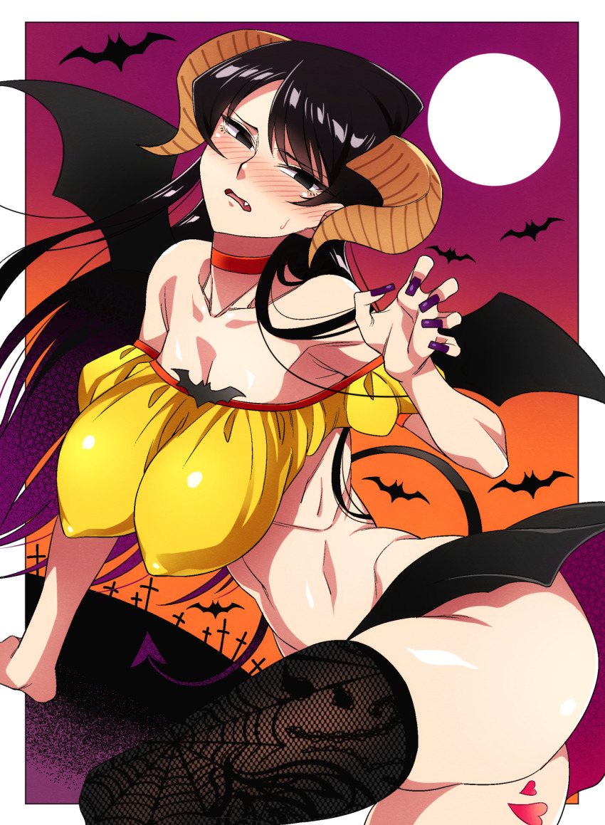 1girls ass bangs bare_shoulders bat black_hair black_legwear blush breasts choker covered_nipples demon_girl demon_horns demon_tail demon_wings embarrassed fang female female_only full_body halloween halloween_costume horns humanoid komi-san_wa_komyushou_desu komi_shouko long_hair midriff nail_polish navel nose_blush open_mouth purple_nails revealing_clothes skirt solo tail tesu very_long_hair wings