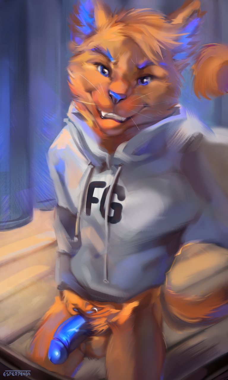 2019 anthro athletic balls blue_body blue_eyes blue_fur blue_nose blue_penis bottomless cheek_tuft circumcised claws clothed clothing crotch_tuft detailed_background digital_media_(artwork) domestic_cat esperpenta eyebrows face_tuft fangs felid feline felis fitting_room fur half-erect half_clothed head_tuft hi_res holding_penis humanoid_penis inner_ear_fluff inside looking_at_viewer male male_only mammal orange_body orange_fur penis selfie signature slim smile smug solo standing sweatshirt teeth tuft vein veiny_penis whiskers