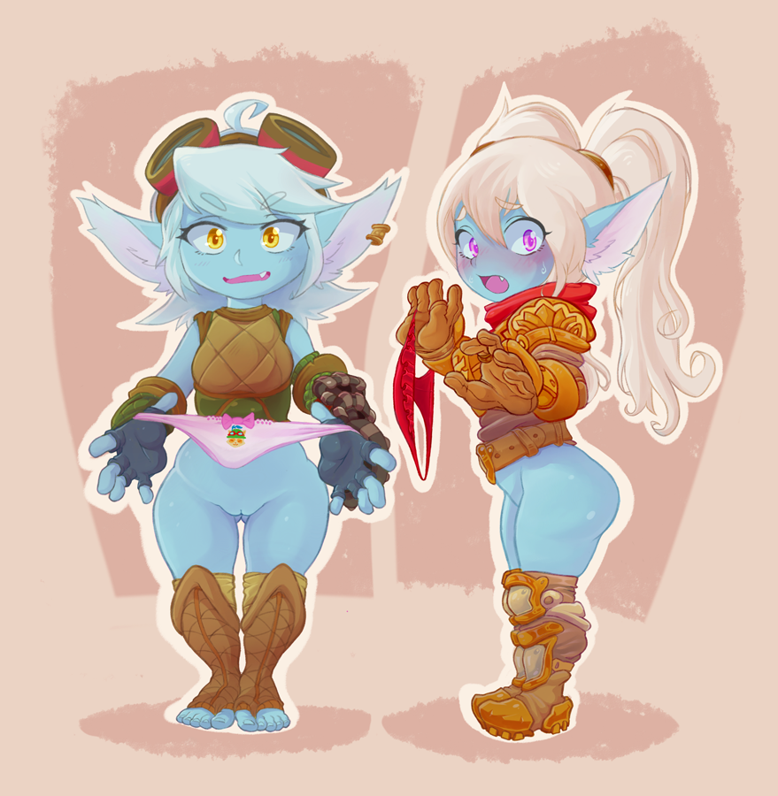 armor blush female holding_panties humanoid league_of_legends otsu panties partial_nudity poppy pussy riot_games tristana underwear yordle