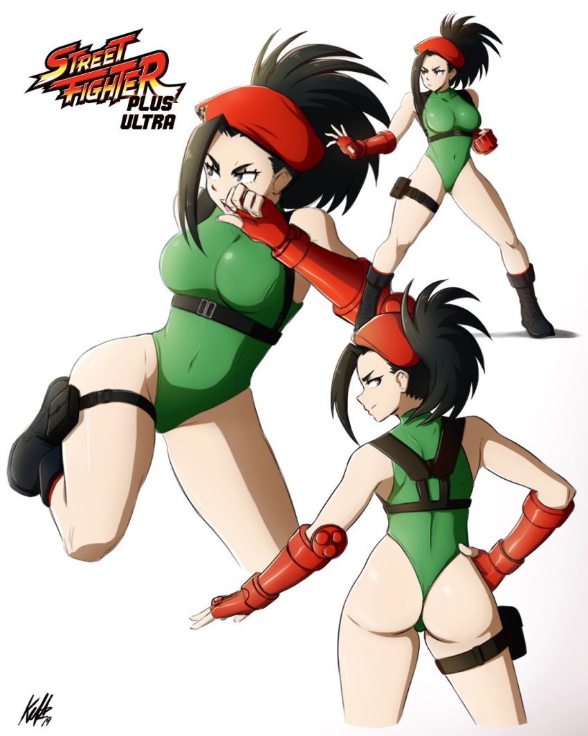 1girls, 2019, alternate costume, ass, ass hanging out, beret, black hair, black-haired female, boots, breasts, cammy white (cosplay), cosplay, cowboy shot, female, female only, fighting stance, fingerless gloves, gloves, high heel boots, kellzallday, legs apart, leotard, long hair, looking at viewer, momo yaoyorozu, my hero academia, solo, street fighter, thighs
