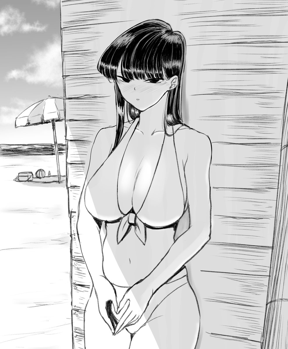1girls, against wall, bangs, beach, beach umbrella, bikini, black eyes, black hair, blush, breasts, ear blush, female, front-tie bikini, front-tie top, greyscale, hands, hands together, komi shouko, komi-san wa komyushou desu, large breasts, long hair, looking at viewer, monochrome, nose blush, ocean, solo, very long hair