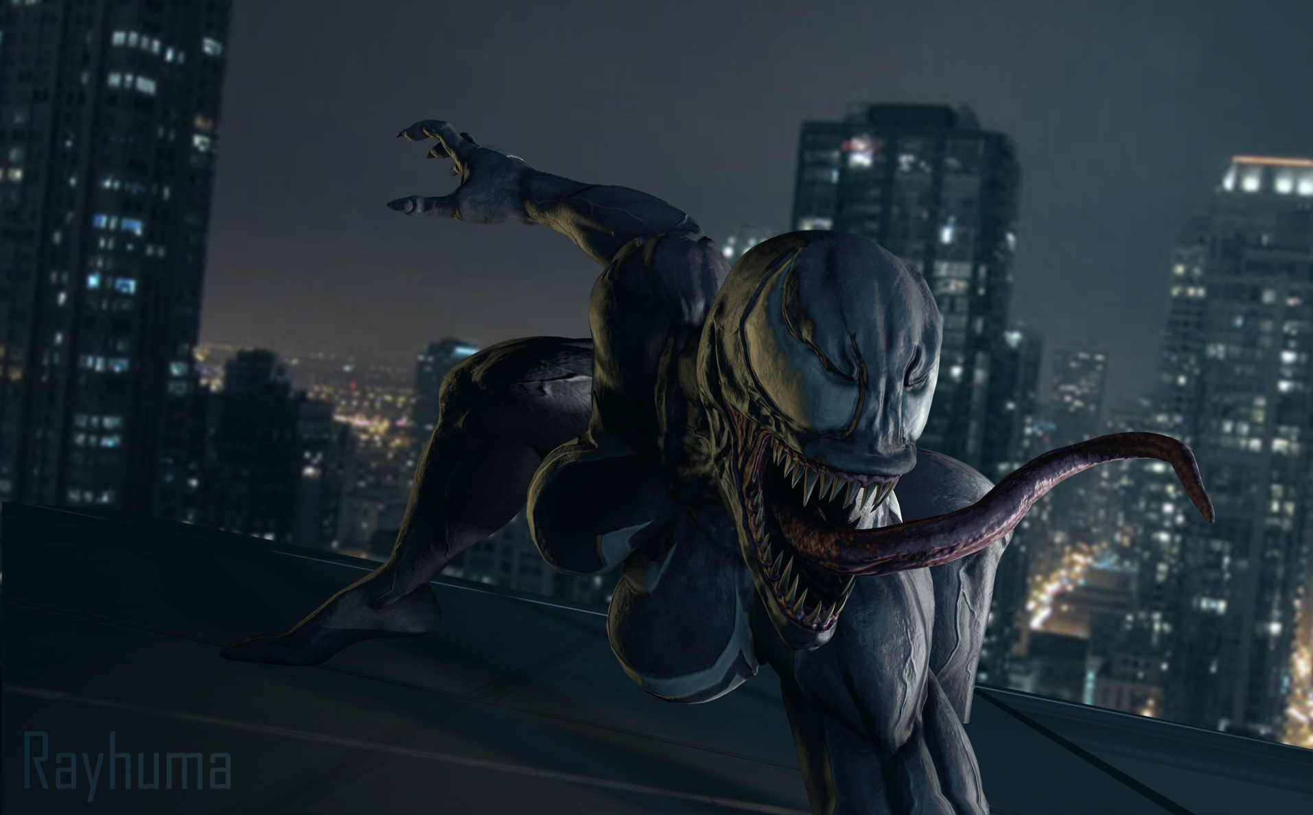 3d, alien, big breasts, black body, breasts, city, female, female only, large breasts, legs, long tongue, marvel, marvel comics, prehensile tongue, rayhuma, rooftop, sharp teeth, she-venom, spider-man (series), symbiote, teeth, thick, tongue, tongue out, venom, venom (marvel), white eyes