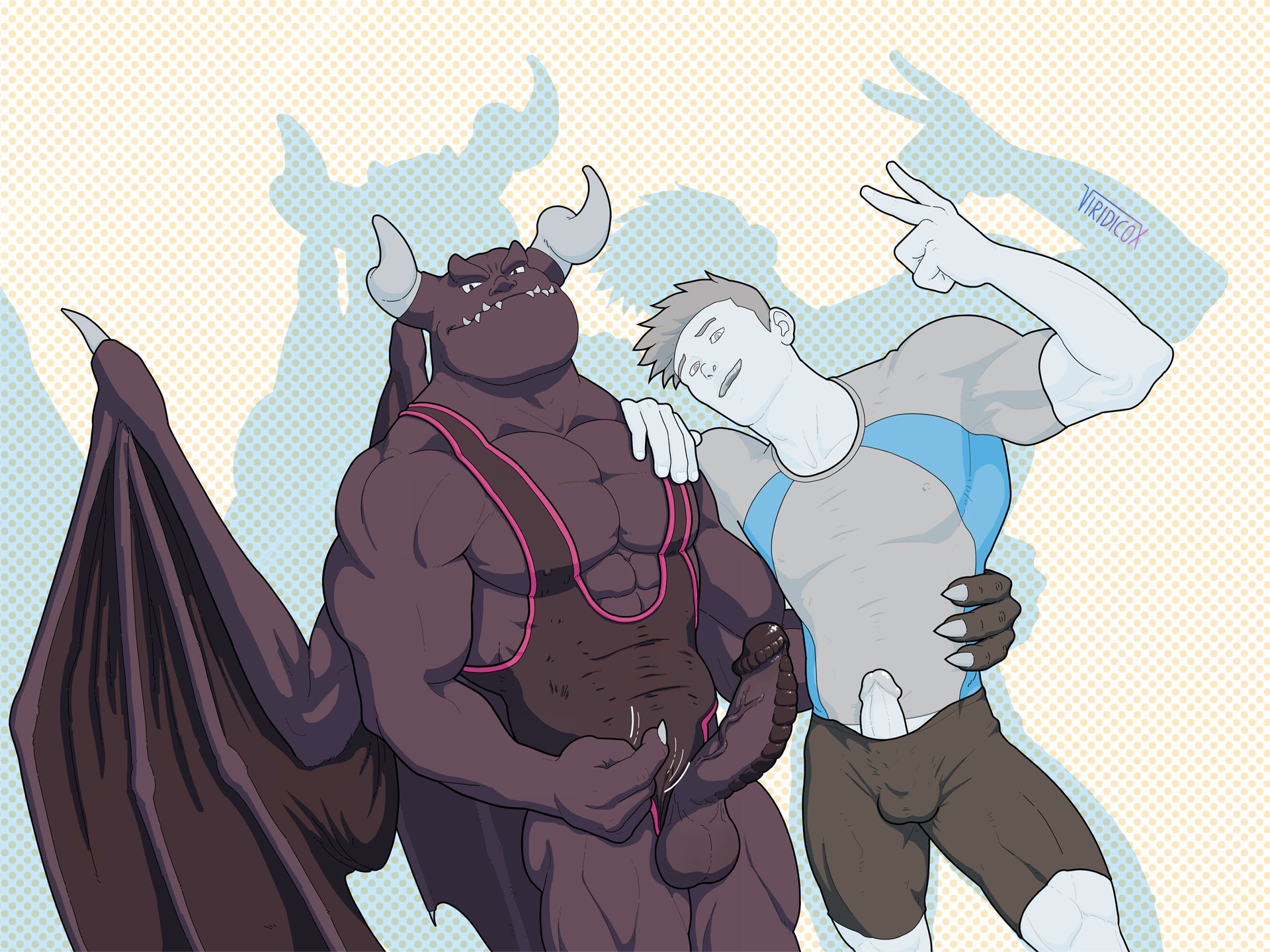 2boys, bara, black mankini, dragaux, dragon, gay, horns, male, male only, mankini, pink mankini, ring fit adventure, scalie, tagme, viridicox, wii fit, wii fit trainer, wii fit trainer (male), wings, yaoi