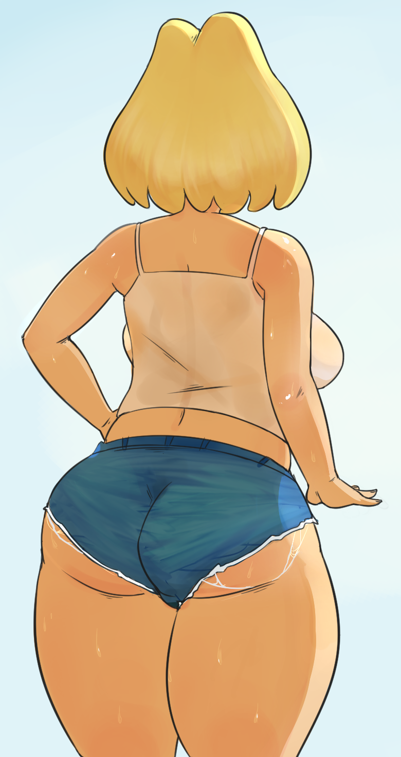 1girls, ass, back, back view, blonde hair, breasts, denim shorts, female, female only, milf, mother, rita loud, short hair, short shorts, shorts, sideboob, straight hair, sweat, sweatdrop, tank top, the loud house, thick thighs, thighs, white shirt