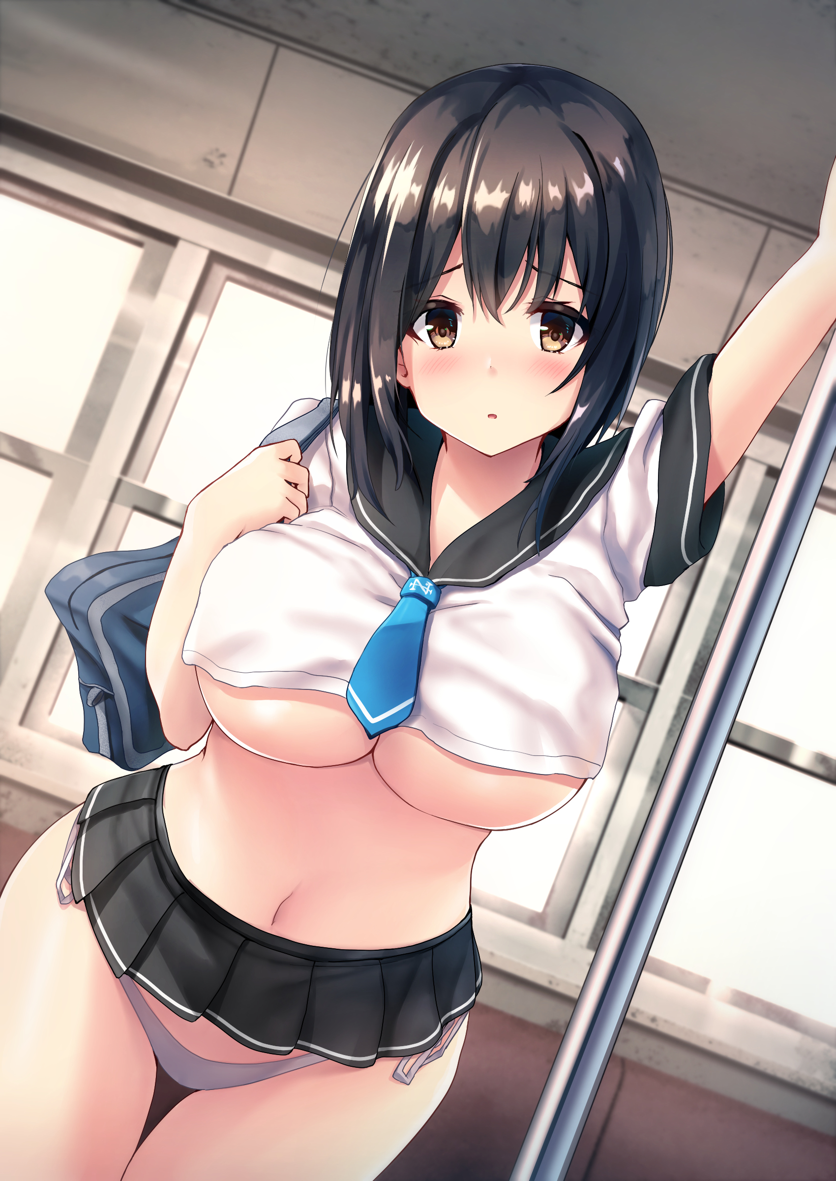 blush, breasts, brown hair, female, huge breasts, indoor, lingerie, nervous, original, school uniform, schoolgirl, short hair, train interior, underboob