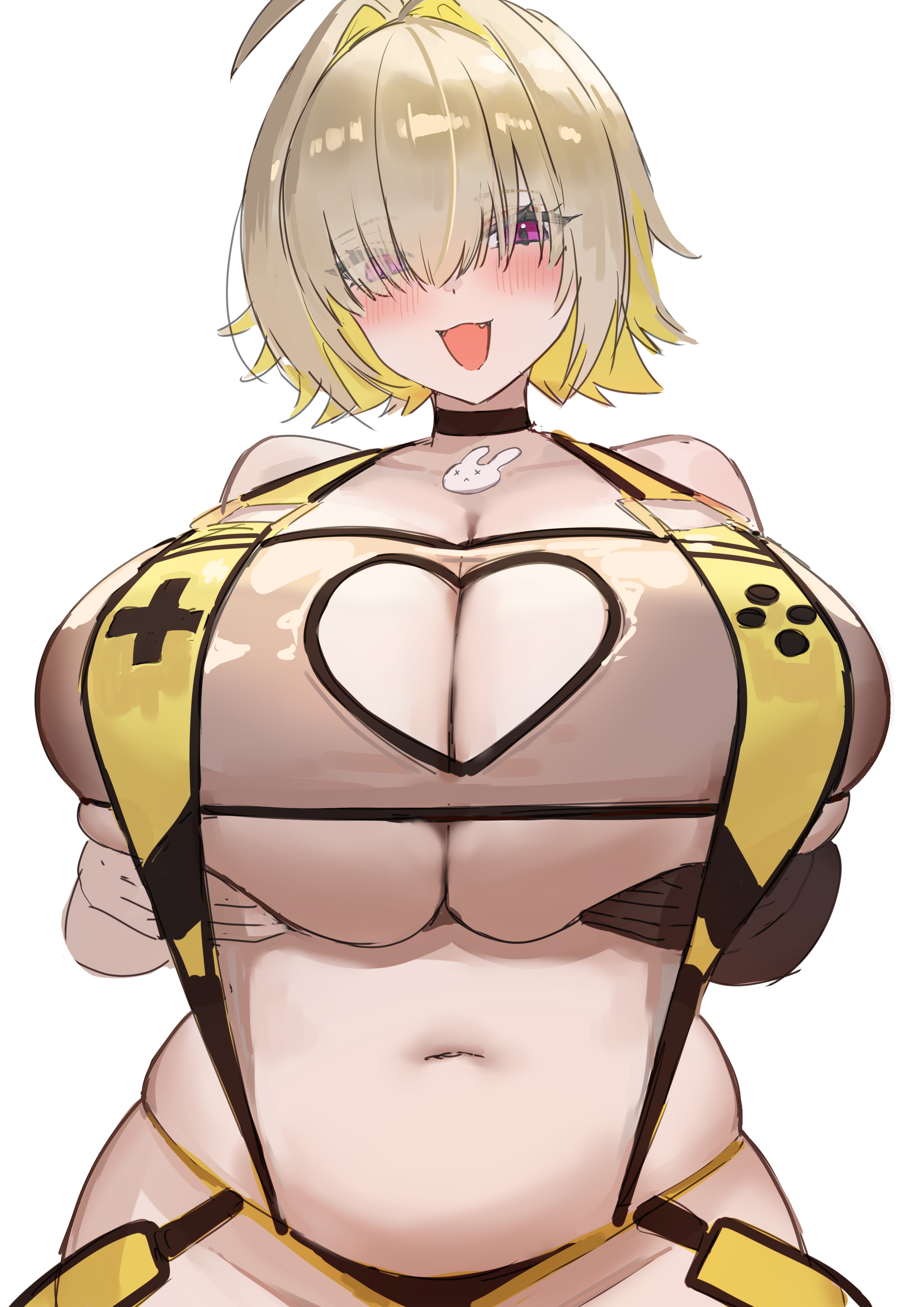 1girl, absurdres, ahoge, bare shoulders, blonde hair, blush, breasts, choker, cleavage, clothing cutout, colored inner hair, commentary, elegg (boom and shock) (nikke), elegg (nikke), game controller print, goddess of victory: nikke, hair intakes, hair over eyes, heart cutout, highres, huge breasts, long bangs, looking at viewer, marumai, multicolored hair, navel, open mouth, plump, purple eyes, see-through clothes, short hair, slingshot swimsuit, smile, solo, swimsuit, yellow slingshot swimsuit