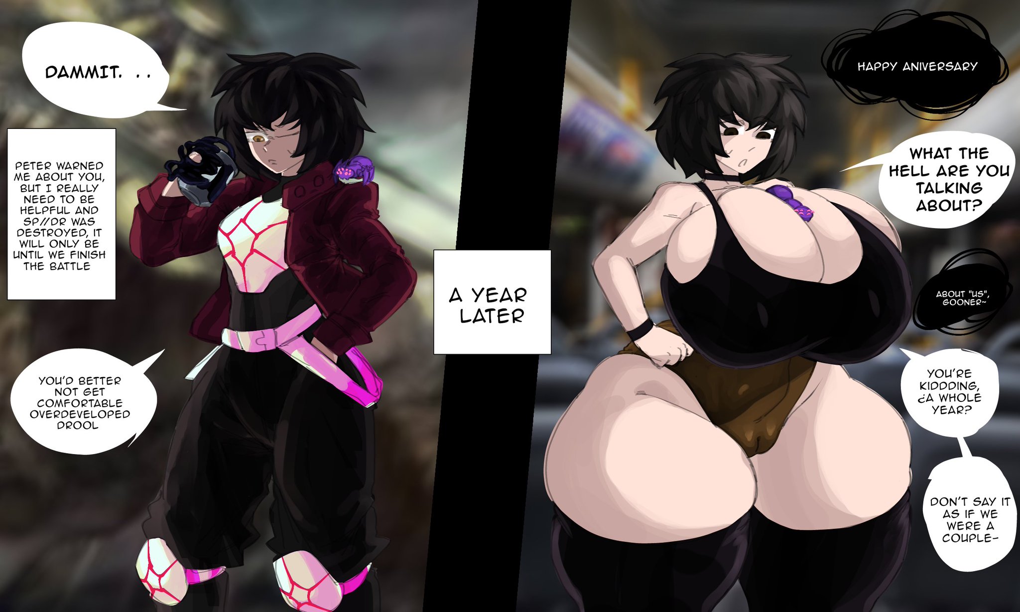 aged up, before and after, black hair, breast expansion, breasts bigger than head, cleavage, fully clothed, huge breasts, marvel, oblivious to expansion, peni parker, spider, spider-man (series), symbiote, symbiote suit, thetis (artist), thick thighs, thigh expansion, thigh highs, thighs bigger than head, unaware, voluptuous, voluptuous female, wide hips, wide thighs