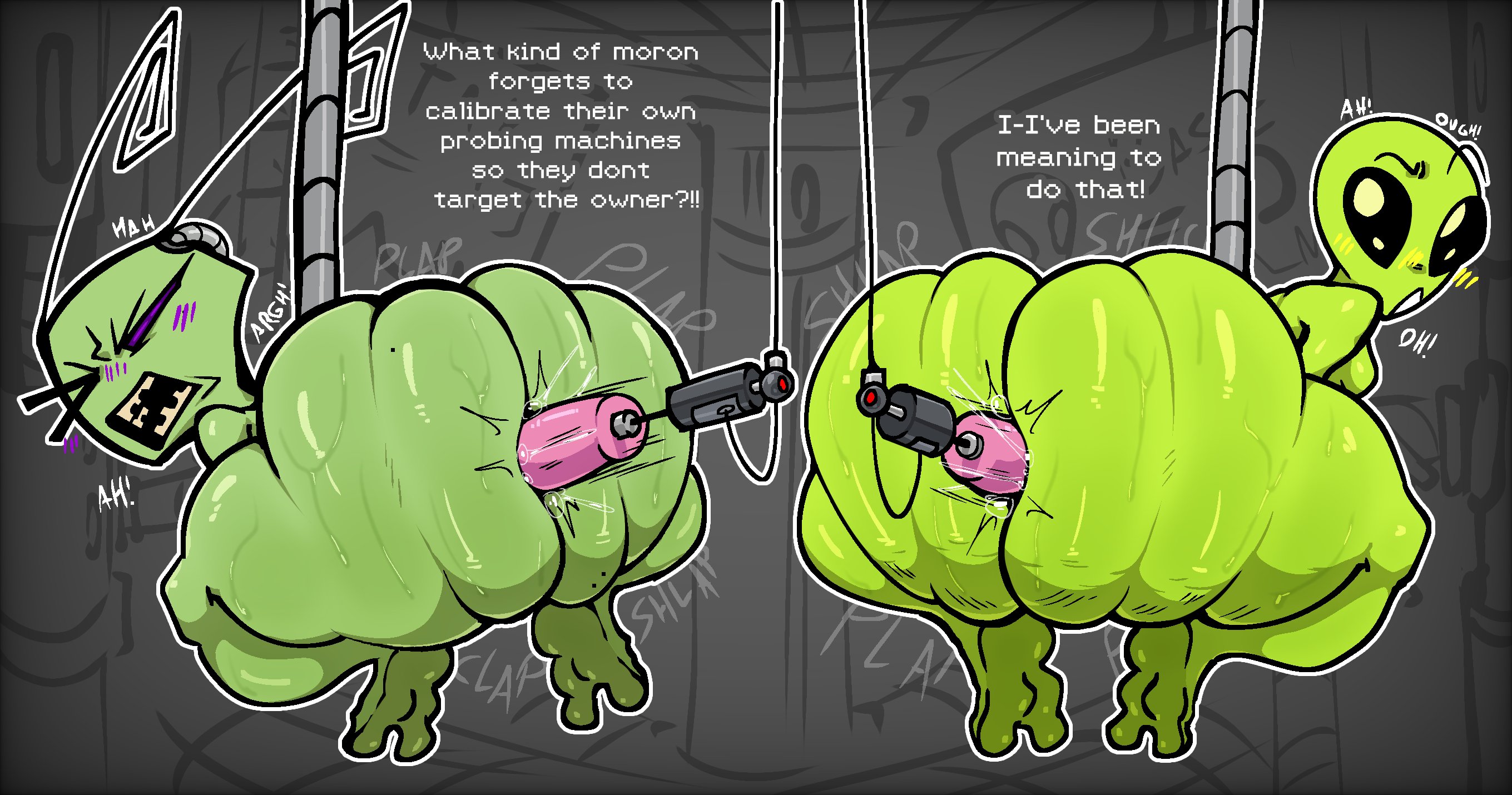 2026, 2d, 2d (artwork), 2girls, alien, alien girl, anal, anal penetration, anal probe, anal probing, ass, big ass, big butt, blush lines, color, colored, dialogue, digital drawing (artwork), digital media (artwork), dildo, dildo penetrating, dildo penetration, duo, english text, fat ass, fat butt, female, female penetrated, green body, green skin, invader zim, looking pleasured, nanodude78, onomatopoeia, open mouth, penetration from behind, probe, restrained, sweat, sweaty, sweaty ass, sweaty butt, tak (invader zim), text, thick ass, thick butt, thick thighs, thighs