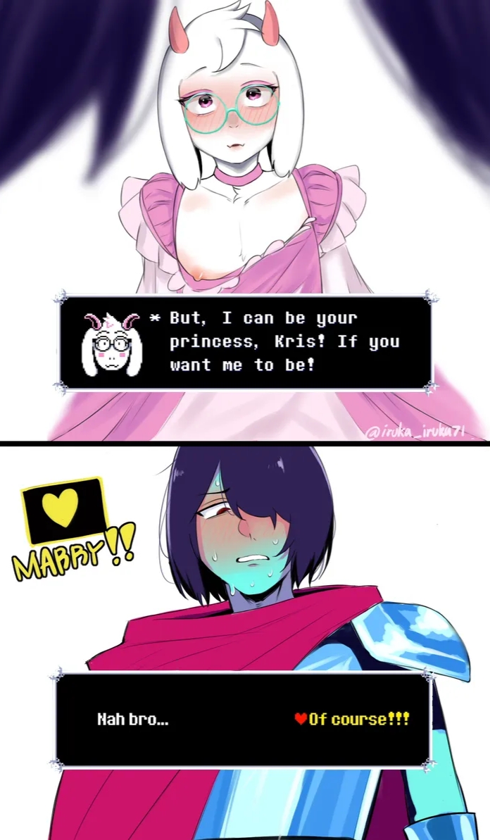2d artist_request crossdressing deltarune embarrassed femboy horny kris_(deltarune) nipple_slip nipples_visible_through_clothing ralsei