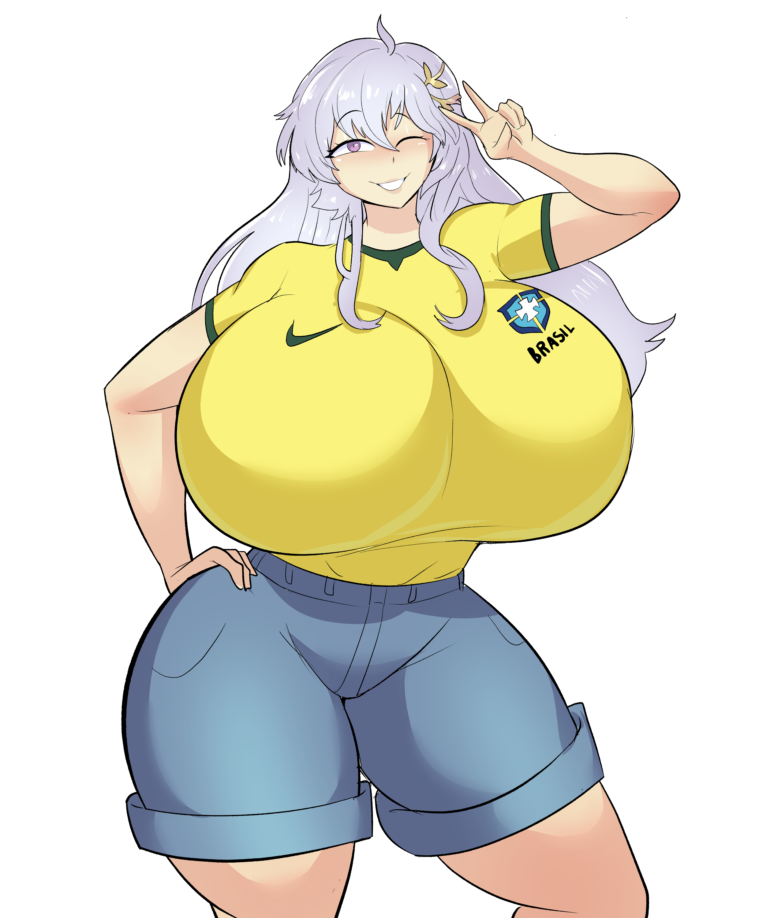 2026, 2026 fifa world cup, alternate breast size, alternate costume, big breasts, blue crow, brazil, brazilian, brazilian female, breasts, commission, commissioner upload, deirdre (fire emblem), fire emblem, fire emblem: genealogy of the holy war, hips, huge breasts, jersey, long hair, massive breasts, peace sign, purple eyes, silver hair, soccer, soccer uniform, tiny waist, world cup