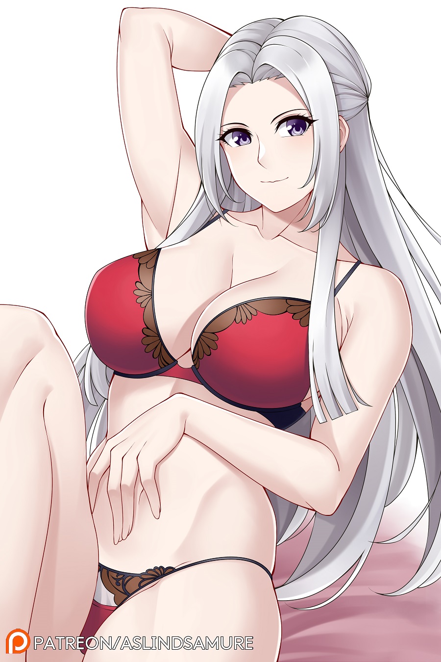 1girls aslindsamure bra breasts cleavage edelgard_von_hresvelg female fire_emblem fire_emblem:_three_houses g-string large_breasts lingerie long_hair panties purple_eyes red_bra red_lingerie red_panties smile solo white_hair