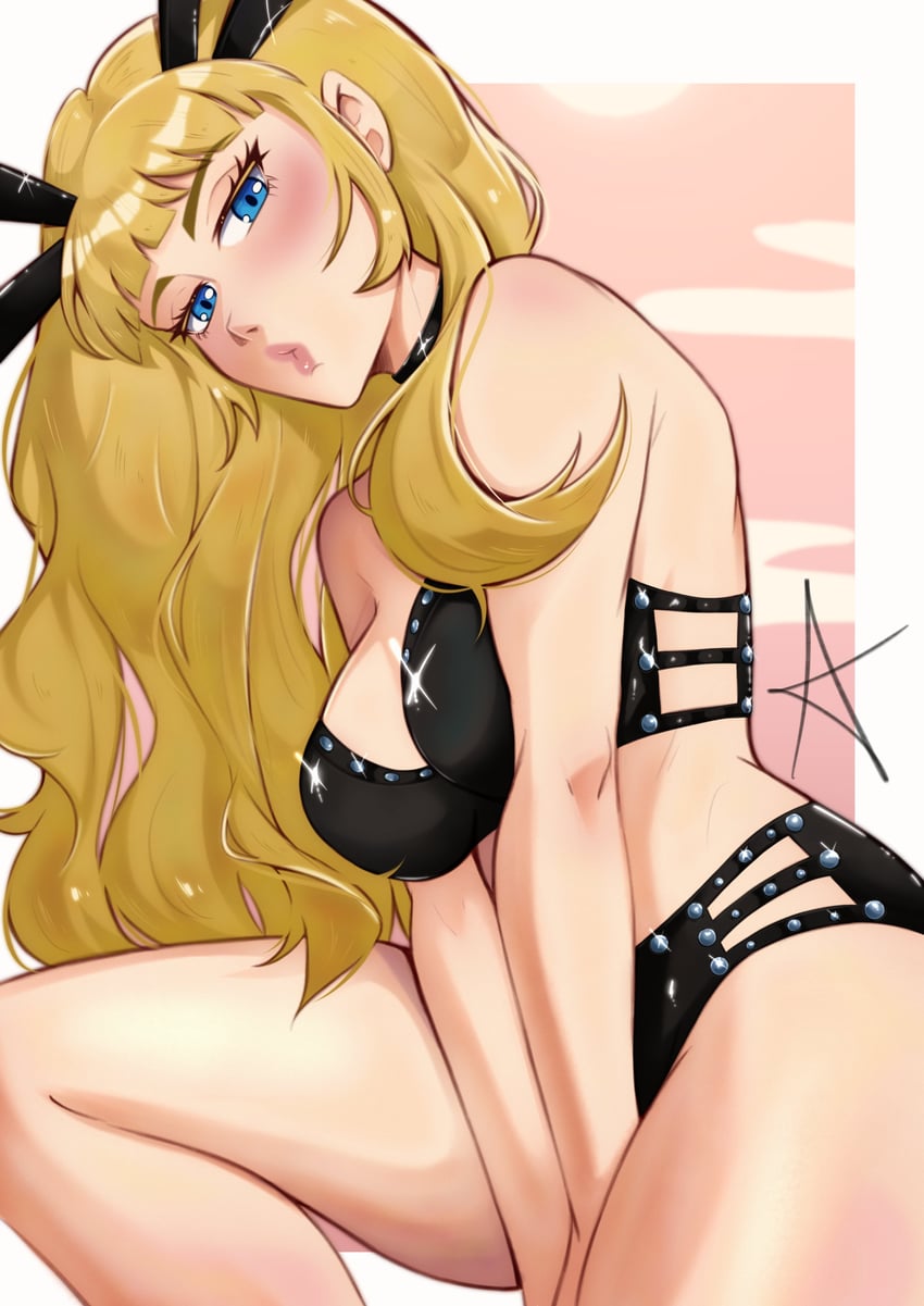 1girls, 2d, 2d (artwork), big breasts, bikini, bikini bottom, bikini top, black bikini, black bikini bottom, black bikini top, black choker, black clothing, black swimsuit, blonde, blonde female, blonde hair, blonde hair female, blue eyes, blush, breasts, choker, cleavage, feet out of frame, gem, hands out of frame, hips, large breasts, light skin, light skinned female, lips, lipstick, looking at viewer, magik (illyana rasputin), magik (marvel rivals), marvel, marvel comics, marvel rivals, mutant (marvel), red draws, revealing bikini, revealing clothes, revealing swimsuit, solo, swimsuit, thick thighs, thighs, video games, wide hips