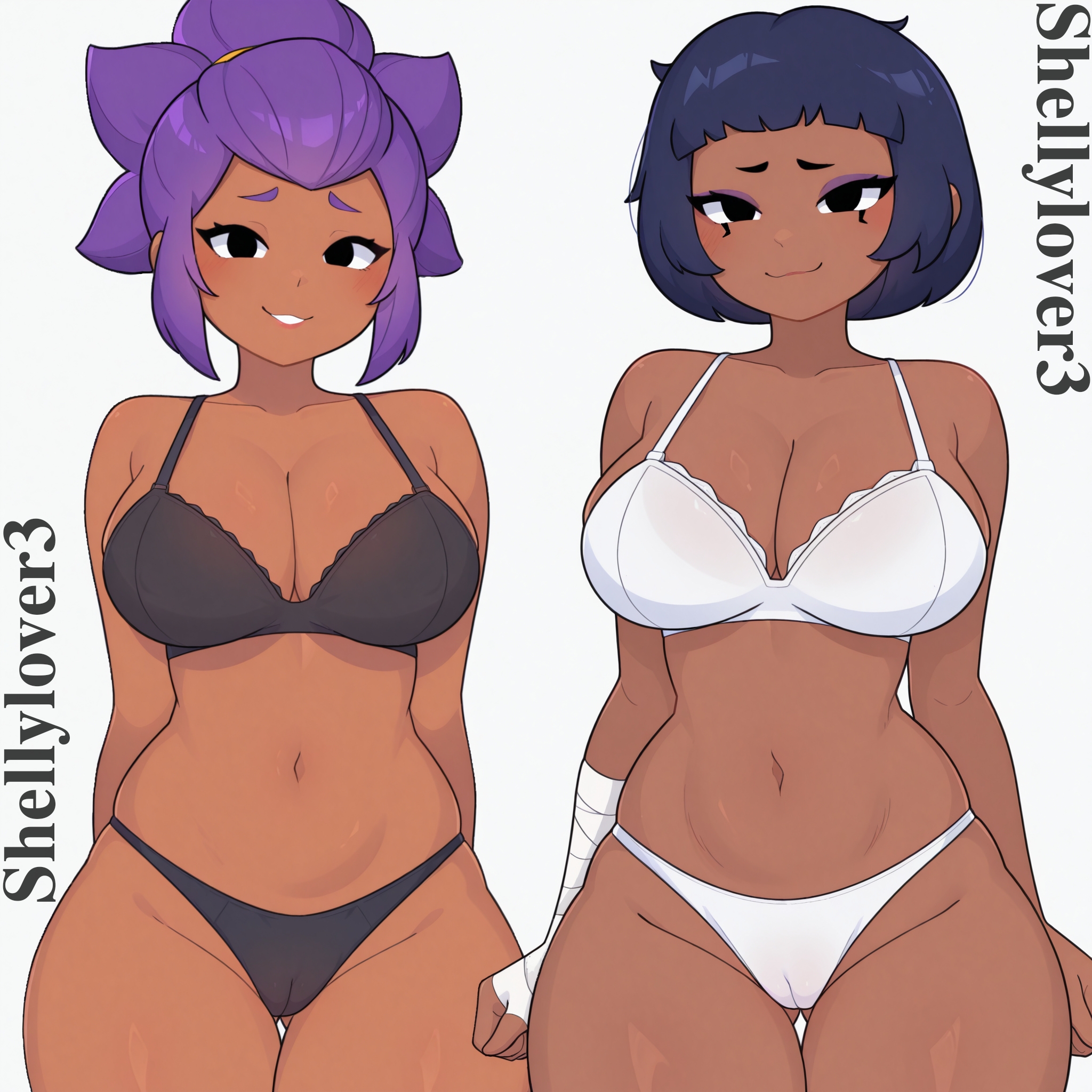 2girls, ai generated, big breasts, bra, brawl stars, najia (brawl stars), panties, pussy, pussy visible through clothes, shelly (brawl stars), thick thighs