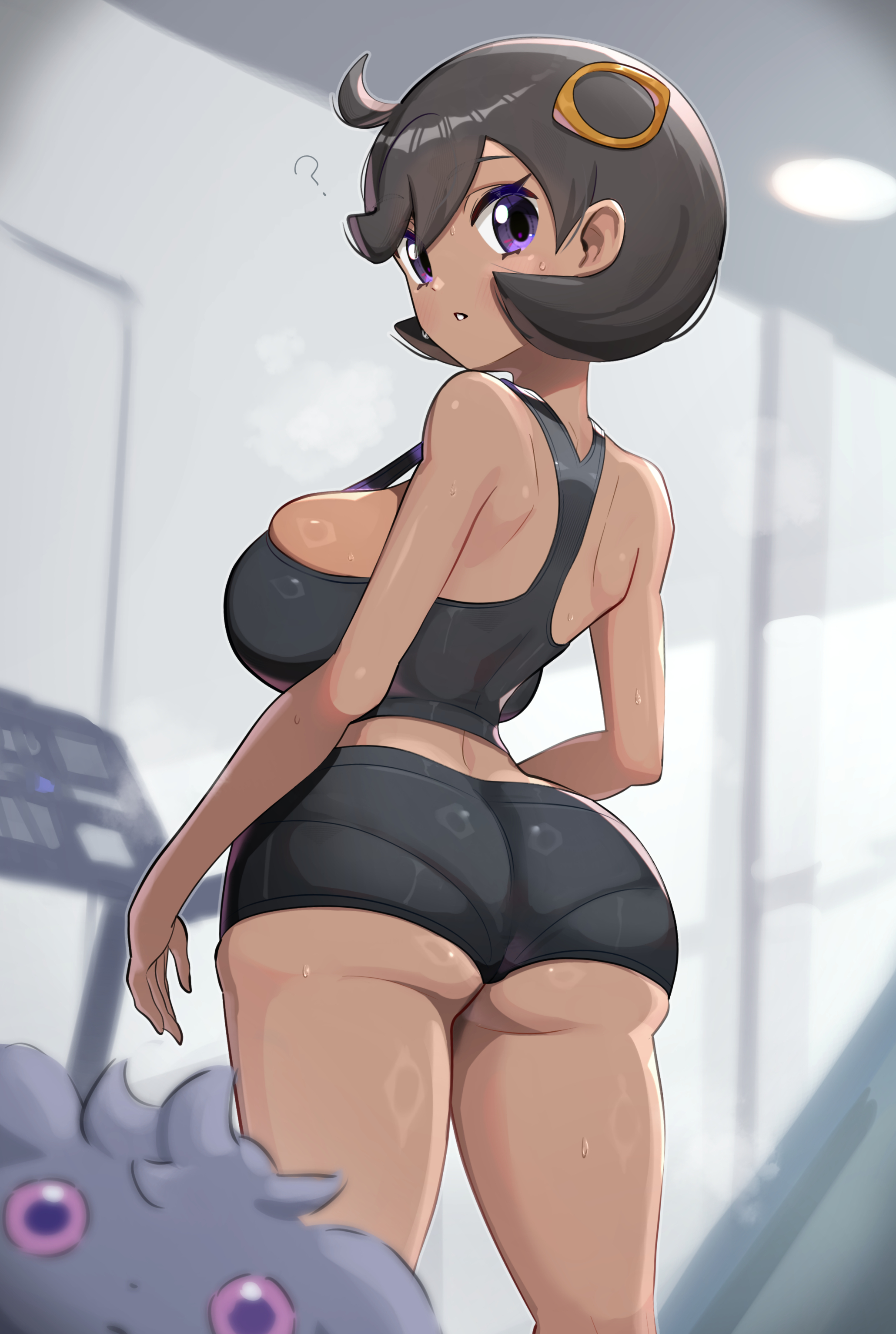 ?, 1girls, 2d, 2d (artwork), ass, ass hanging out, ass hanging out of shorts, booty shorts, breasts, dark skin, dark-skinned female, emma (pokemon), emotionless, emotionless female, espurr, female focus, game freak, gen 6 pokemon, gonzarez, gym shorts, huge ass, indifferent, large breasts, matiere (pokemon legends: z-a), matiere (pokemon), nintendo, nyasper, oblivious sexualization, pokemon, pokemon (creature), pokemon legends: z-a, short shorts, shorts, solo focus, sweat, unbothered, voluptuous, voluptuous female