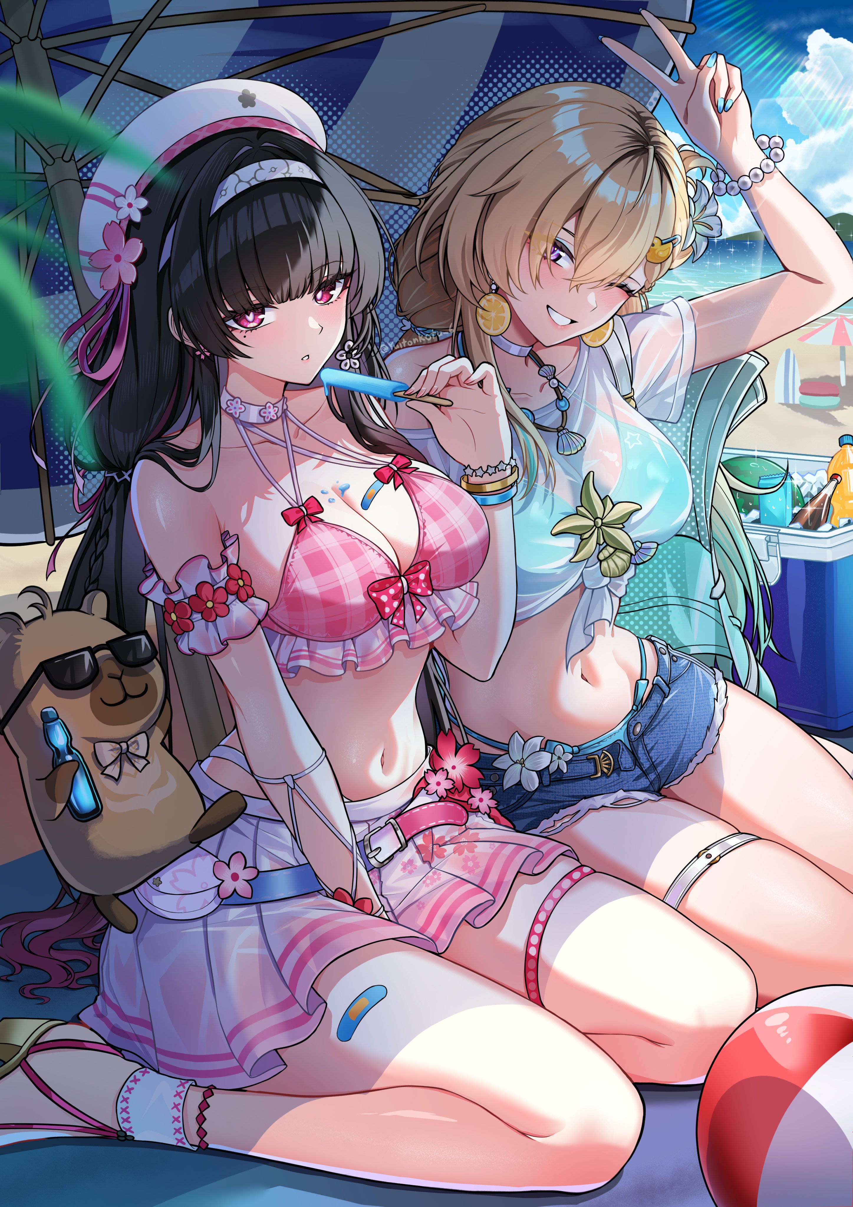 2d, 2d (artwork), beach, beach ball, belted skirt, black hair, blonde, blonde female, blonde hair, blonde-haired female, chisa (peach parfait) (wuthering waves), chisa (wuthering waves), denim short shorts, denim shorts, female, high quality, high resolution, long hair, lynae (peppermint) (wuthering waves), lynae (wuthering waves), male pov, medium breasts, official alternate costume, pink swimsuit, pleated skirt, purple eyes, red eyes, see-through clothing, see-through swimsuit, short skirt, sitting, swim skirt, swimsuit, thong bikini bottom, unbothered, wholesome, wuthering waves