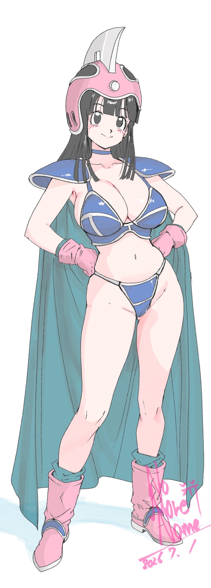 1977 oj3, 1girls, armor, armored female, big breasts, black hair, boobs, boots, cameltoe, chichi, chichi (dragon ball), chichi's armor, chichi's helmet, dragon ball, dragon ball z, female, female only, gloves, hands on hips, wide hips