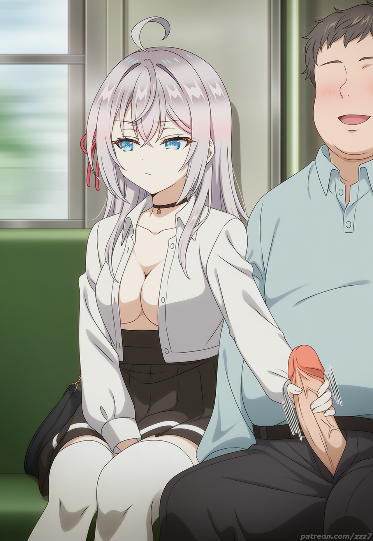 1boy, 1girl, 1girls, ai generated, alisa mikhailovna kujou, bored, breasts, chubby, cleavage, disinterested, expressionless, handjob, happy male, looking away, motion lines, no bra, obese male, open shirt, penis, penis grab, penis out, side by side, side-by-side, sitting, stroking, stroking penis, tokidoki bosotto russian de dereru tonari no alya-san, train, train interior, uncensored, uninterested, watermark, zzz7