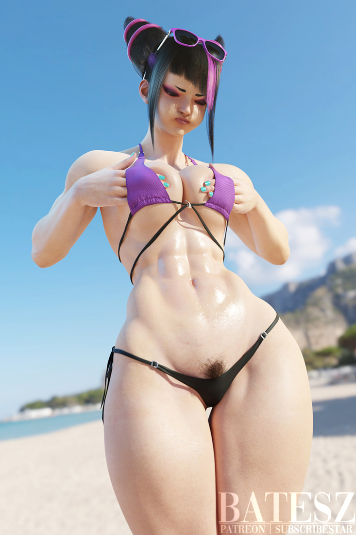 1girls, 3d, abs, artist logo, artist name, asian, asian female, athletic, athletic female, batesz, beach, beach background, biceps, big breasts, bikini, black hair, drill hair, female, female only, hands under clothes, hip dips, juri han, light skin, light-skinned female, makeup, multicolored hair, muscular, muscular female, outdoors, outside, painted nails, pout, pouting, pubic hair, pubic hair peek, purple hair, shiny skin, sideboob, small waist, solo, solo female, street fighter, street fighter 6, thick thighs, thigh gap, underboob, wide hips