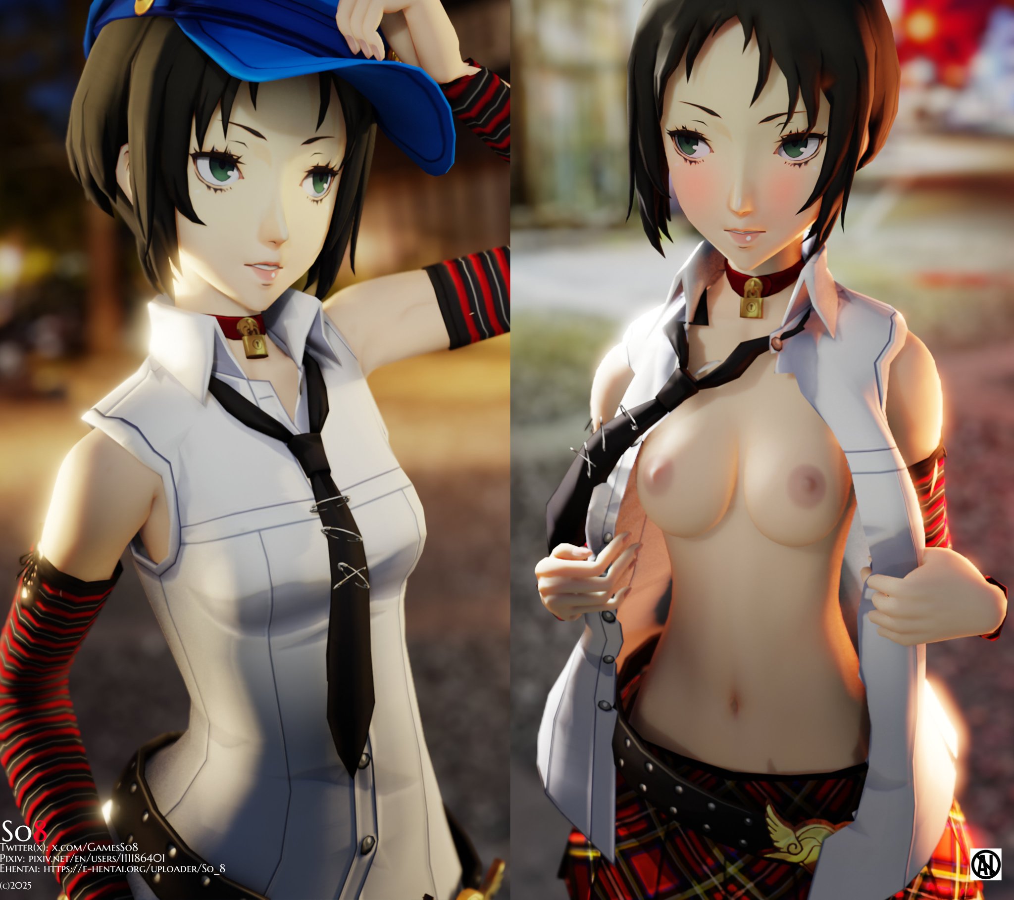 bellybutton, blue hat, blushing, brown areola, brown hair, brown nipples, choker, flashing, flashing breasts, gamesso8, green eyes, marie (persona 4), persona, persona 4, shirt open, so8, split screen, tie