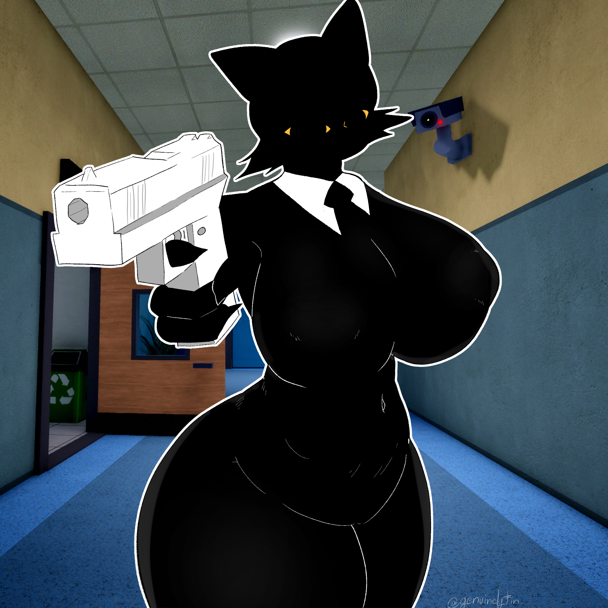 1girl, animal hospital, anthro, big ass, big breasts, catgirl, female, furry, genuinelyfin, gun, roblox, roblox game, secret agent (animal hospital), self upload, tagme