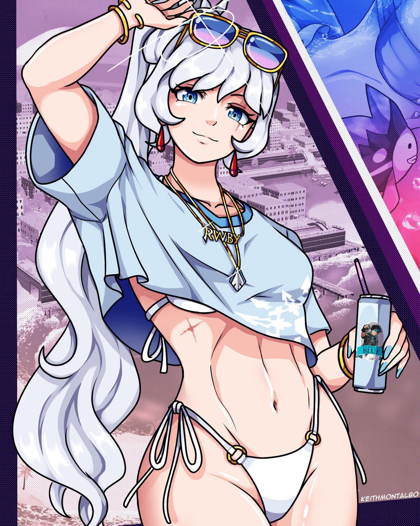 1female, 1girl, 1girls, female, female focus, female only, gta vi cover girl, keith montalbo, rwby, scar, weiss schnee, white hair