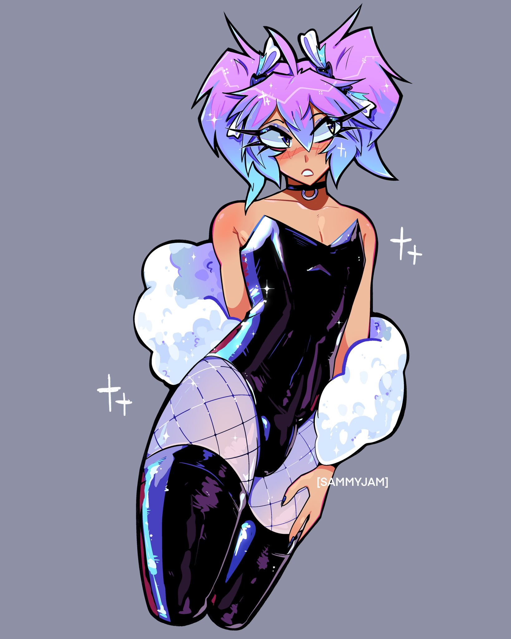 blush, bulge, bulge through clothing, choker, femboy, femboy only, feminine male, fishnet pantyhose, fishnets, hand on thigh, latex, latex thighhighs, multicolored hair, pantyhose, purple hair, sammyjam, simple background, teddy (clothing), woomi (sammyjam)