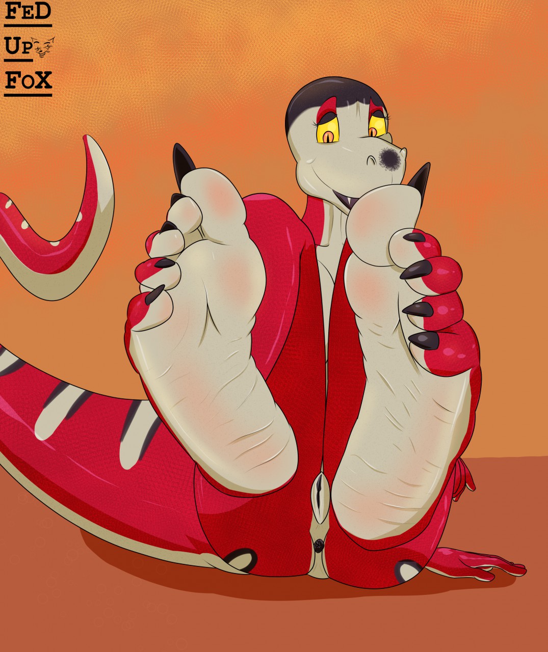 anthro ass barefoot biped claws colubrid fedupfox female foot_focus hi_res kingsnake lampropeltini presenting pussy reptile scalie snake soles solo sun_tea teasing therapist toe_claws wrinkled_feet