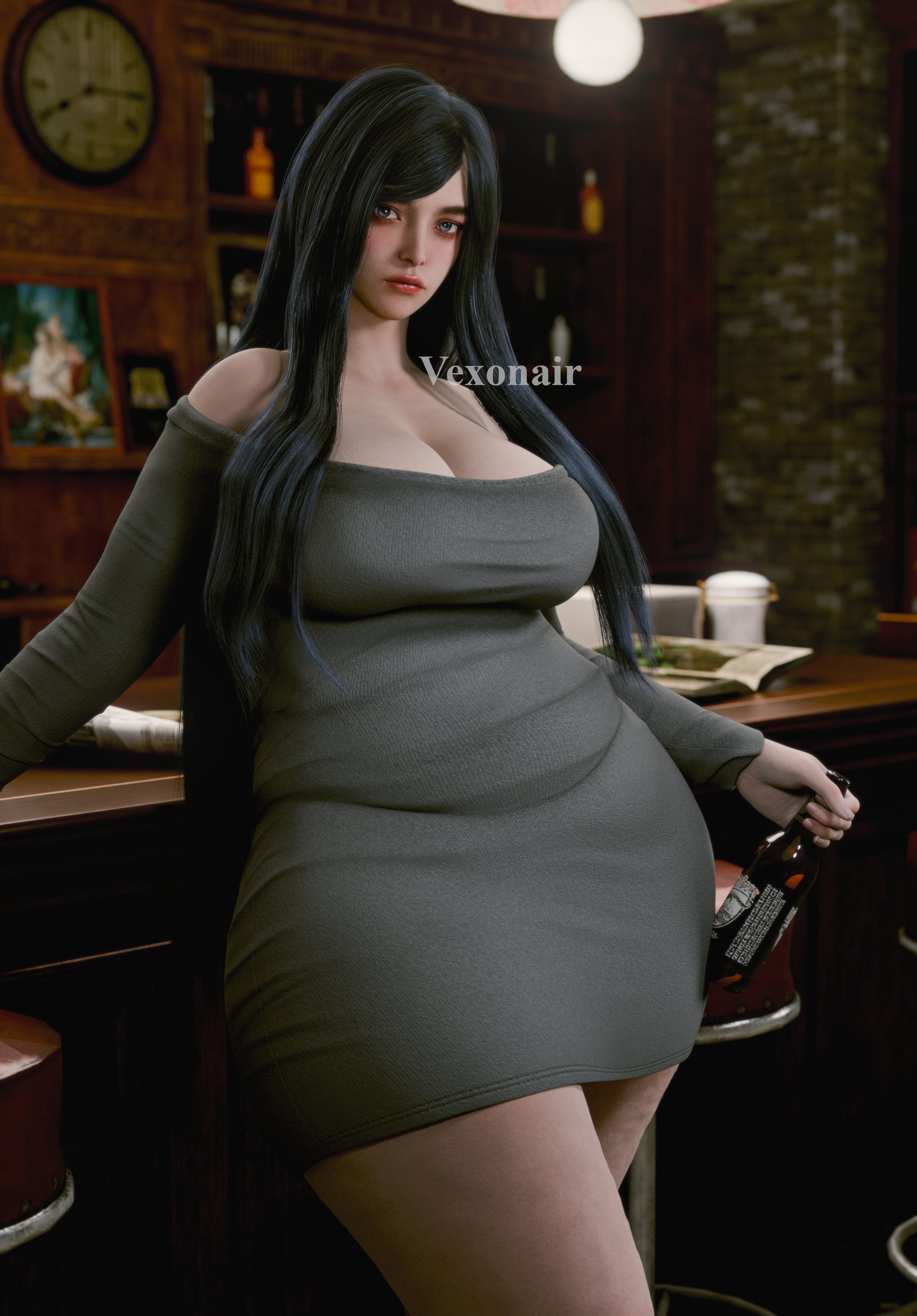 3d, belly, black hair, casual, cleavage, curvy, dress, female, female only, large breasts, long hair, long sleeves, looking at viewer, raven (stellar blade), standing, stellar blade, thick thighs, vexonair, wide hips