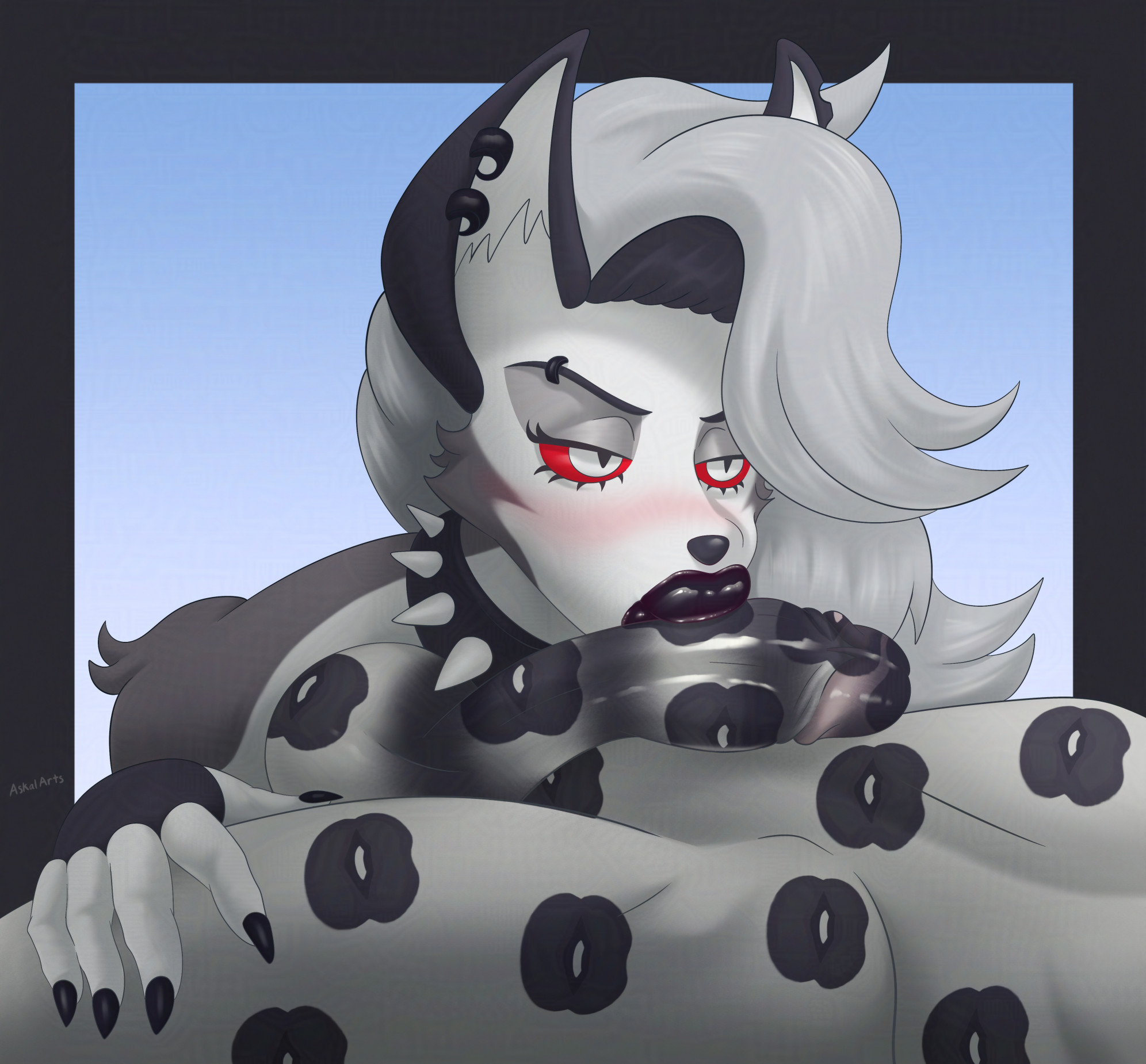 anthro, askalarts, big lips, black lipstick, canine, collar, ear piercing, earrings, female, female focus, fur, furry, grey fur, grey hair, hellhound, helluva boss, kissing penis, kissjob, lips, lipstick, lipstick mark, lipstick on balls, lipstick on penis, loona (helluva boss), male, male/female, oral, red sclera, sharp fingernails, spiked collar, vivziepop