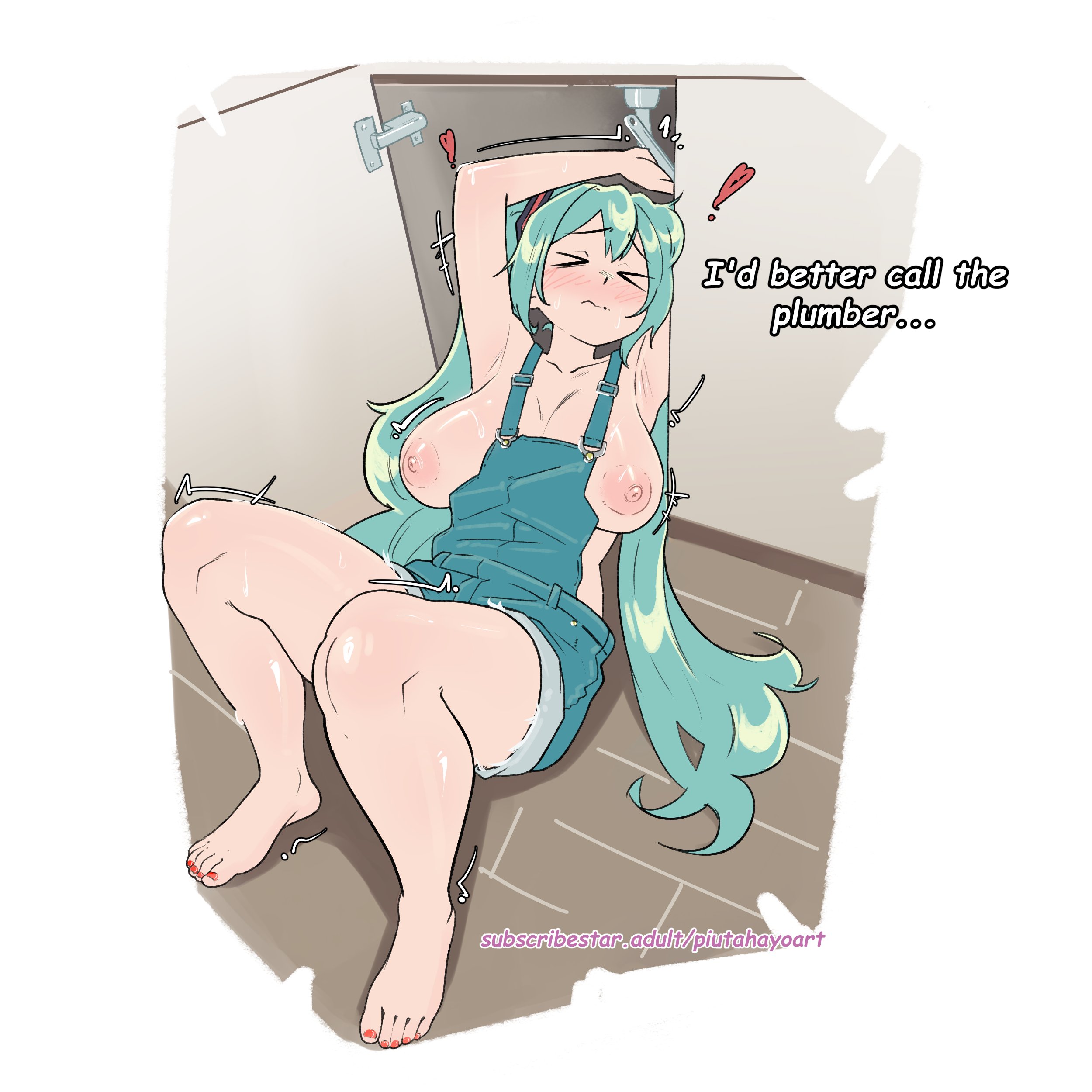 > <, 1girls, accidental exposure, aqua hair, areolae, armpits, barefoot, big breasts, blush, braless, breasts, breasts apart, breasts out, cleavage, closed eyes, cute, cute face, english text, exposed breasts, exposed legs, feet, female, female only, functionally nude, hands above head, hatsune miku, holding wrench, jean shorts, knees, large areolae, legs, light skin, light-skinned female, long hair, lying, lying on floor, mature, mature female, nipples, no bra, on back, on floor, overalls, partially clothed, pigtails, pink nipples, piutahayo, repairing, revealing clothes, shorts, solo, solo female, struggling, sweatdrop, text, toenail polish, twintails, very long hair, vocaloid, wardrobe malfunction, wavy mouth