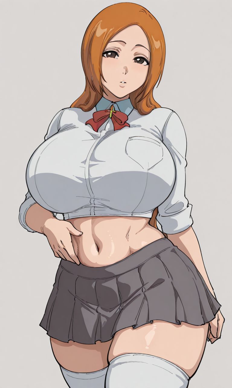 1girls ai_generated big_boobs big_breasts bleach bleach:_the_thousand-year_blood_war brown_eyes curvy curvy_body curvy_female curvy_figure female female_only huge_breasts inoue_orihime kyoru189 large_breasts light-skinned_female light_skin looking_at_viewer mature_female orange_hair school_uniform schoolgirl shiny shiny_skin solo solo_female stockings