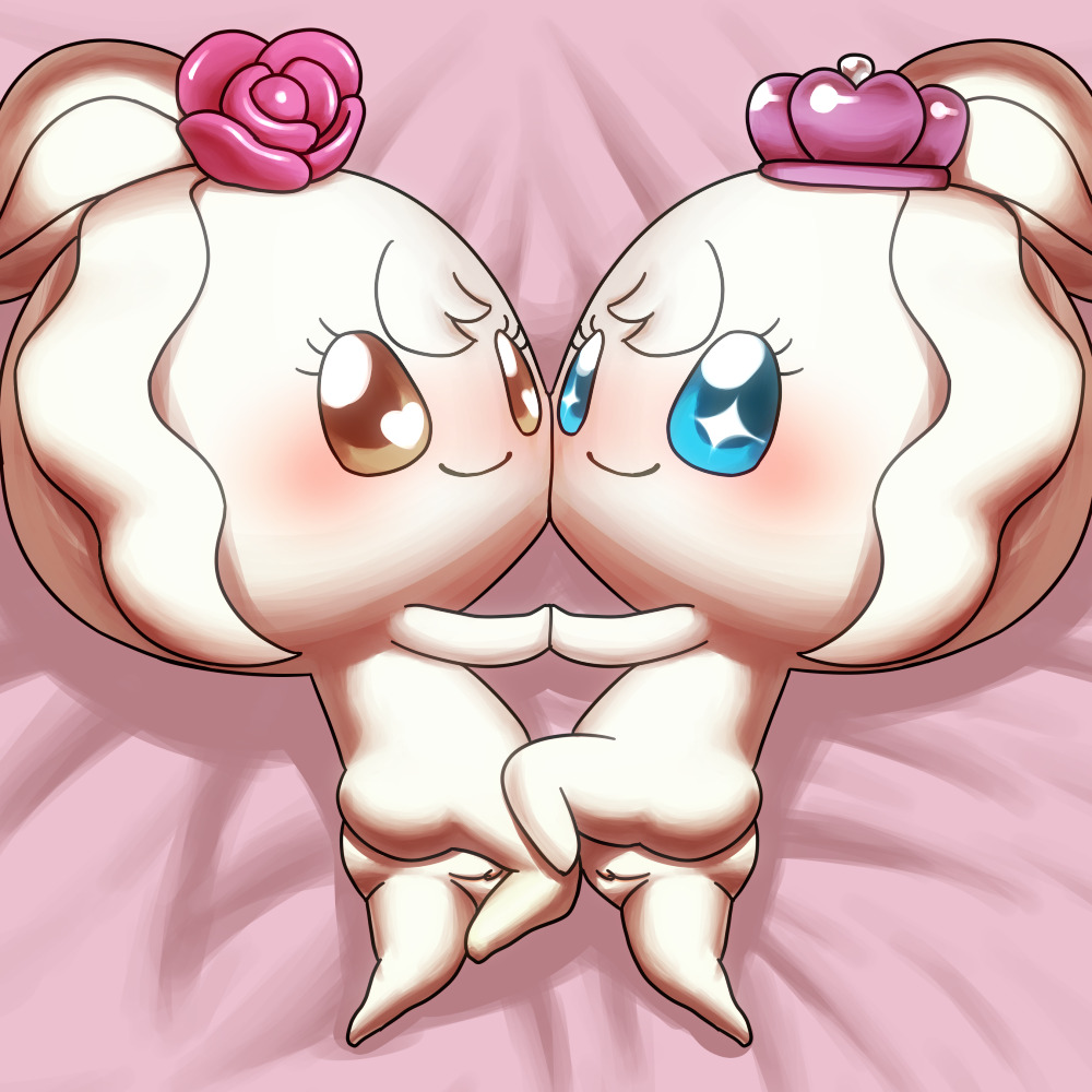 <3_eyes 1:1 anthro ass blush clulutchi duo female heart humanoid looking_at_viewer miraitchi nude pussy sisters smile tamagotchi 九尾