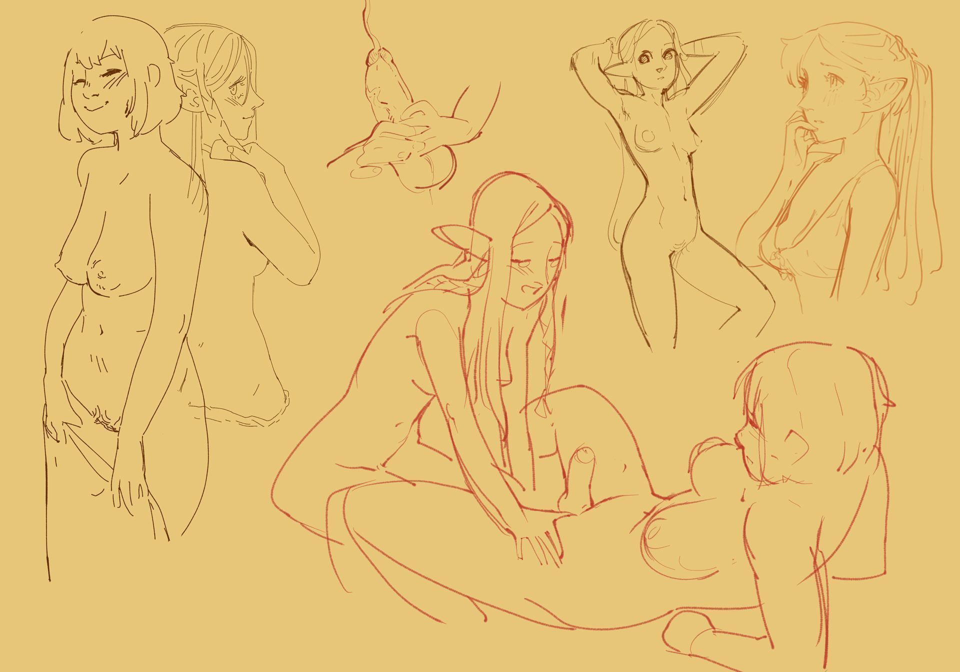 2girls, balls, breasts, dungeon meshi, elf, elf ears, falin touden, female, futa on female, futanari, marcille donato, nude, penis, pointy ears, pussy, sketch, tagme, wintonkidd, yuri