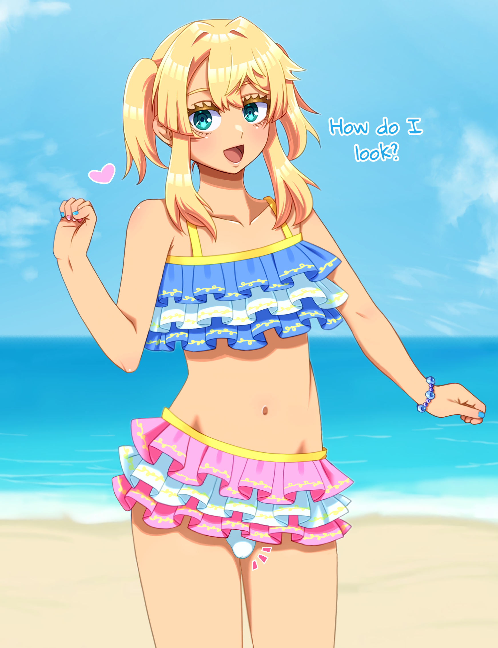 1transfem, 2d, artist request, beach, beach background, belly, belly button, bikini, blonde hair, bracelet, bridget, bridget (guilty gear), bulge, bulge through clothing, collarbone, english, english text, flat belly, frilled bikini, guilty gear, guilty gear strive, heart, light blue eyes, light skin, looking at viewer, ocean background, open mouth, pigtails, shiny eyes, smile, smiling, smiling at viewer, standing, swimsuit, tagme (artist), tan body, tan skin, third-party edit, trans, trans female, trans pride colors, trans woman, transfem, transgender, transgender pride colors, unaware, unaware exhibitionist, wardrobe malfunction