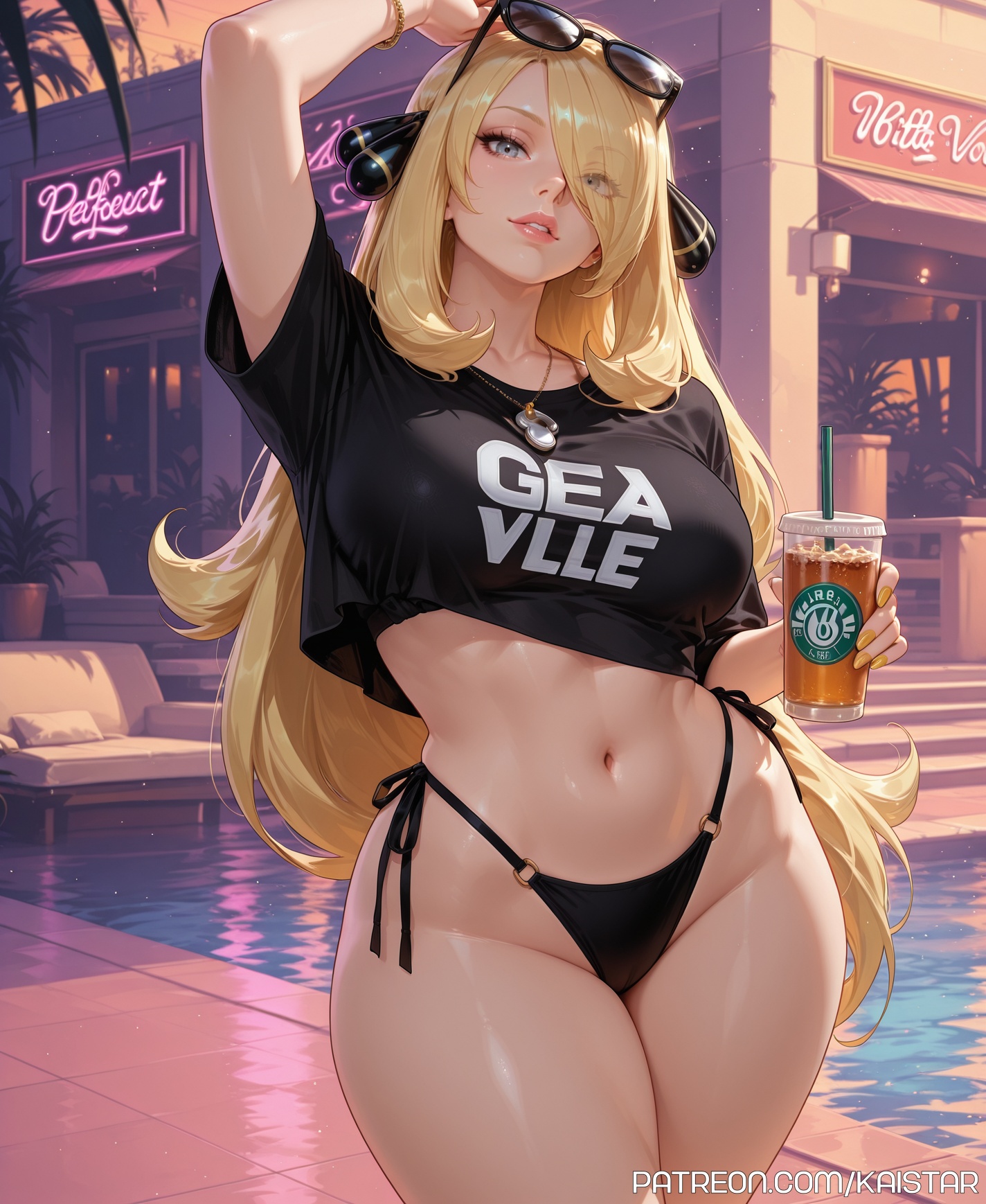 1girls, ai generated, big boobs, big breasts, blonde, blonde hair, boobs, breasts, cynthia (pokemon), female, female focus, female only, game freak, gta vi cover girl, high resolution, highres, huge boobs, huge breasts, kaistar, large boobs, large breasts, long hair, looking at viewer, mature, mature female, milf, mommy, patreon, pokemon, pokemon (game), solo, solo female, solo focus