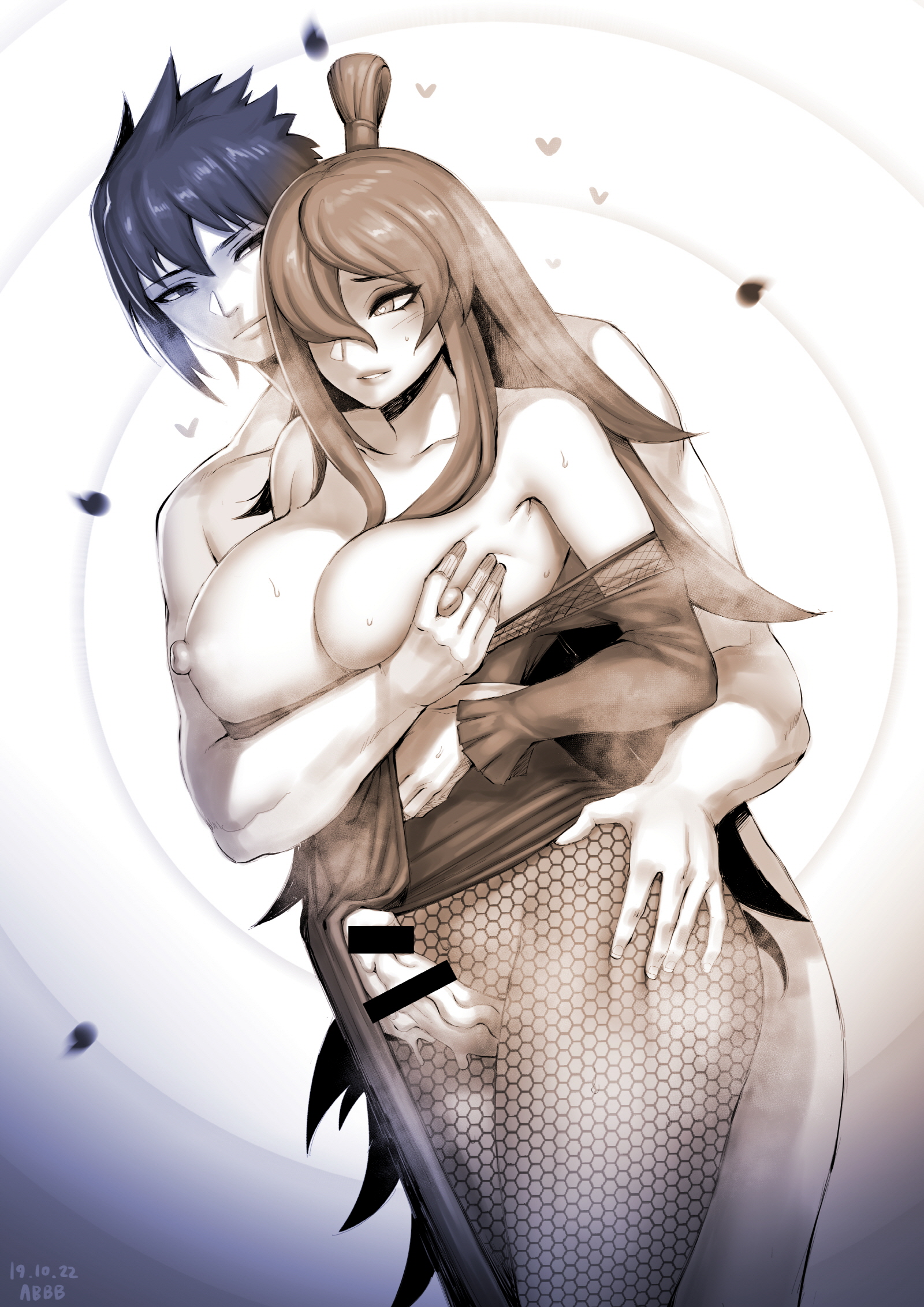 1boy, 1girls, abbb, artist name, between legs, blush, breast grab, breasts, breasts out, censored, cum on penis, dated, dress, female, fishnet, grabbing from behind, hair over one eye, hand on hip, hand on penis, heart, heart-shaped pupils, large breasts, long hair, looking at another, male, mei terumi, naruto, naruto (series), nipples, partially clothed, penis, sasuke uchiha, steam, sweat, sweatdrop, thigh sex, topknot, veiny penis