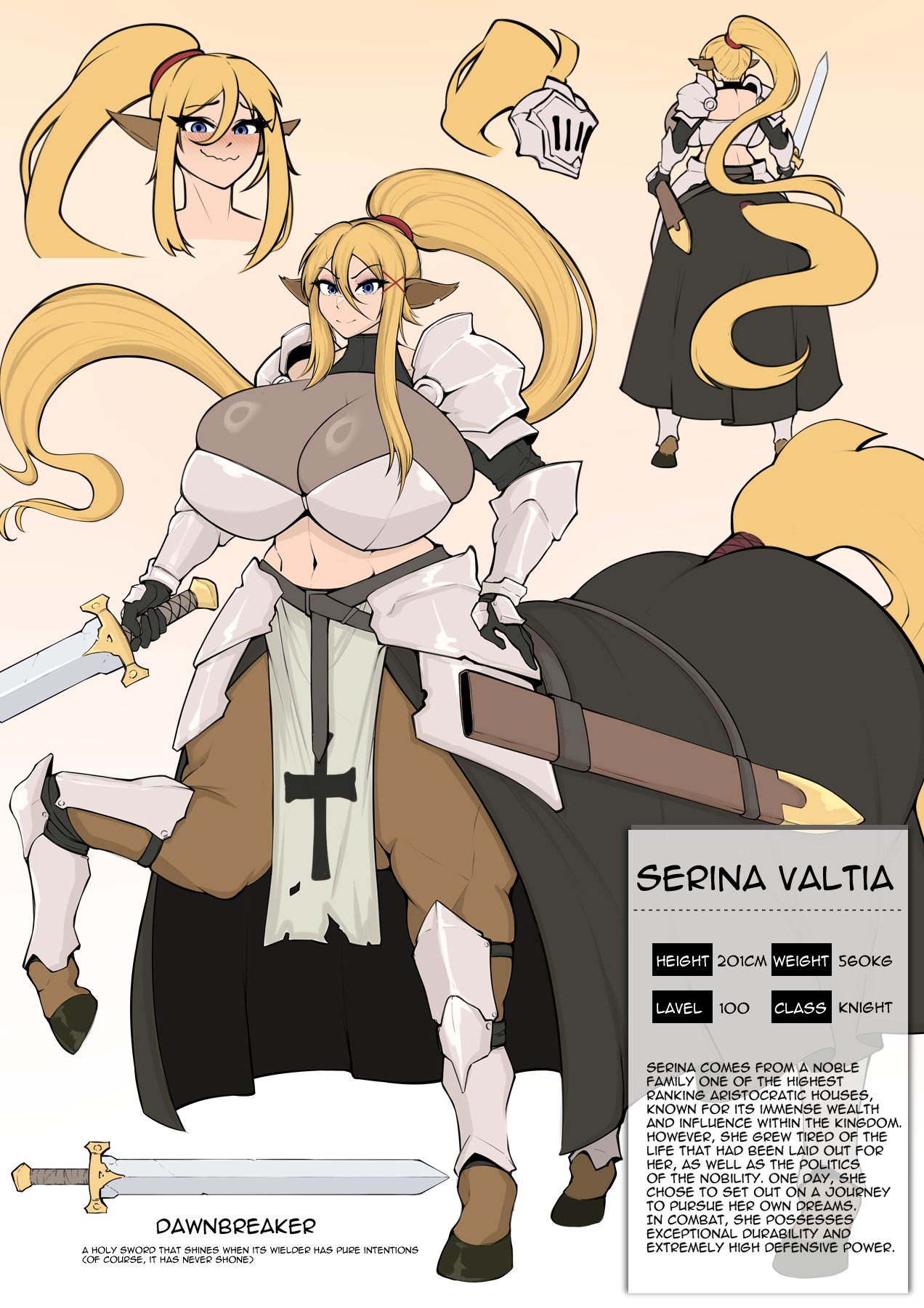 1futa, 2026, armored, armored futa, big breasts, blonde hair, blue eyes, blushing, centaur, centaur futa, cleavage, dialogue, futa only, futanari, horny, horny futa, horse ears, horse futa, horse tail, huge breasts, imminent sex, implied futa, kikapu (artist), looking at viewer, looking pleasured, muscular, muscular futa, oc, original, original character, pointy ears, ponytail, text