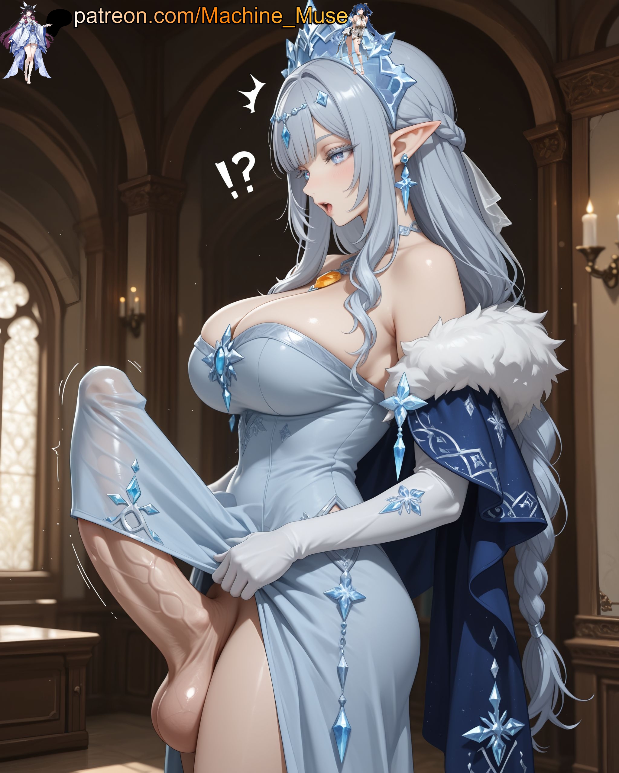 !?, 1futa, 1futanari, 1girl, adult, adult female, ai generated, archon, bare shoulders, big breasts, big cock, big dick, big penis, blue eyes, boobs, braid, braided hair, breasts, bulge through clothing, bust, busty, busty female, busty girl, cock, crystal, dick, dickgirl, earrings, elbow gloves, elf, elf ears, elf female, elf girl, empress, erect penis, erection, fatui, fur trim, futa, futa only, futanari, genshin impact, girl, gloves, goddess, headdress, huge cock, huge penis, ice, large breasts, light blue eyes, light-skinned futa, long hair, long penis, looking down, machine muse, mature, mature body, mature female, mihoyo, mouth open, open mouth, penis, penis bulge, penis under clothes, penis under shirt, platinum blonde hair, pointy ears, queen, royal, russian, russian female, sexy, sexy body, silver hair, snezhnaya girls, solo, tits, trans, trans woman, tsaritsa (genshin impact), uncensored, veiny penis, watermark