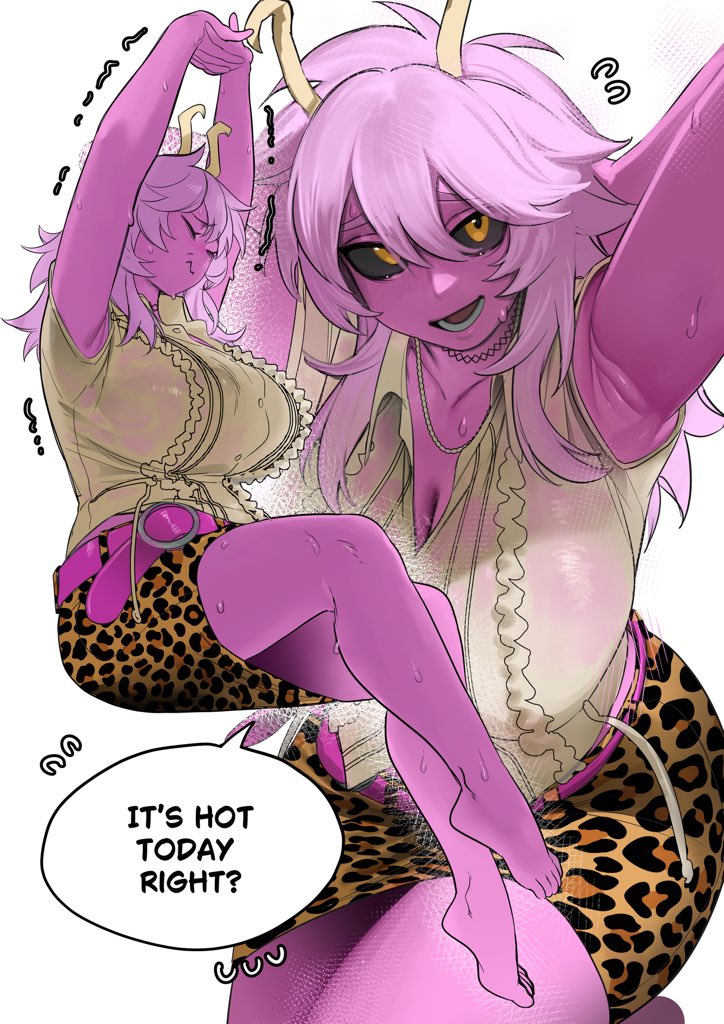 1girls armpits big_breasts blush horns large_breasts long_hair looking_at_viewer mina_ashido mina_ashido_time-skip my_hero_academia nia_(nia4294) pink_body pink_hair pink_skin stretching sweat sweatdrop