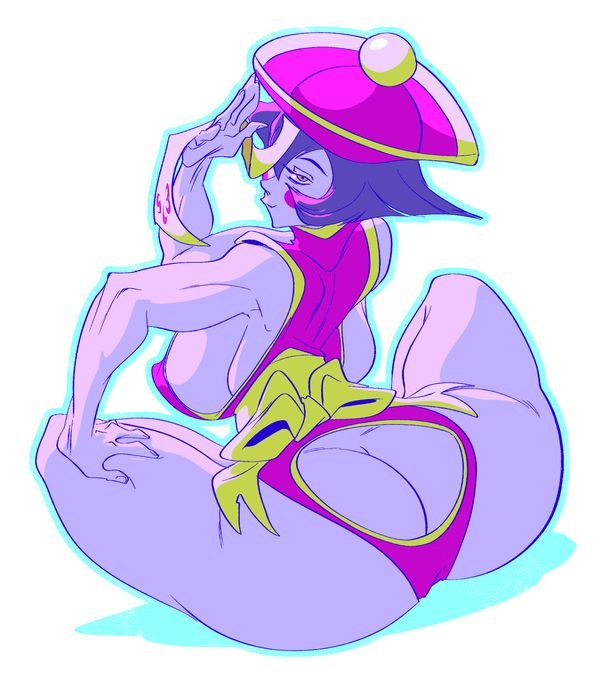 ass, ass cleavage, ass crack, big ass, blue skin, breasts, butt crack, clothing, darkstalkers, exposed ass, female, hsien ko, jiangshi, large breasts, lei lei, lei-lei, looking at viewer, looking back, sitting down, slb, smirk, vampire savior