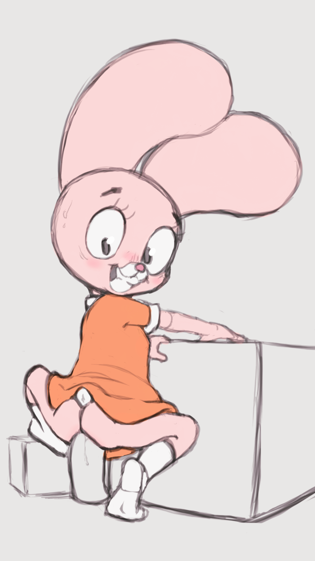 anais watterson, anal, anal masturbation, anal penetration, aroused, butt, cartoon network, howl echoes, lagomorph, masturbation, pink fur, rabbit, smiling, sweatdrop, the amazing world of gumball