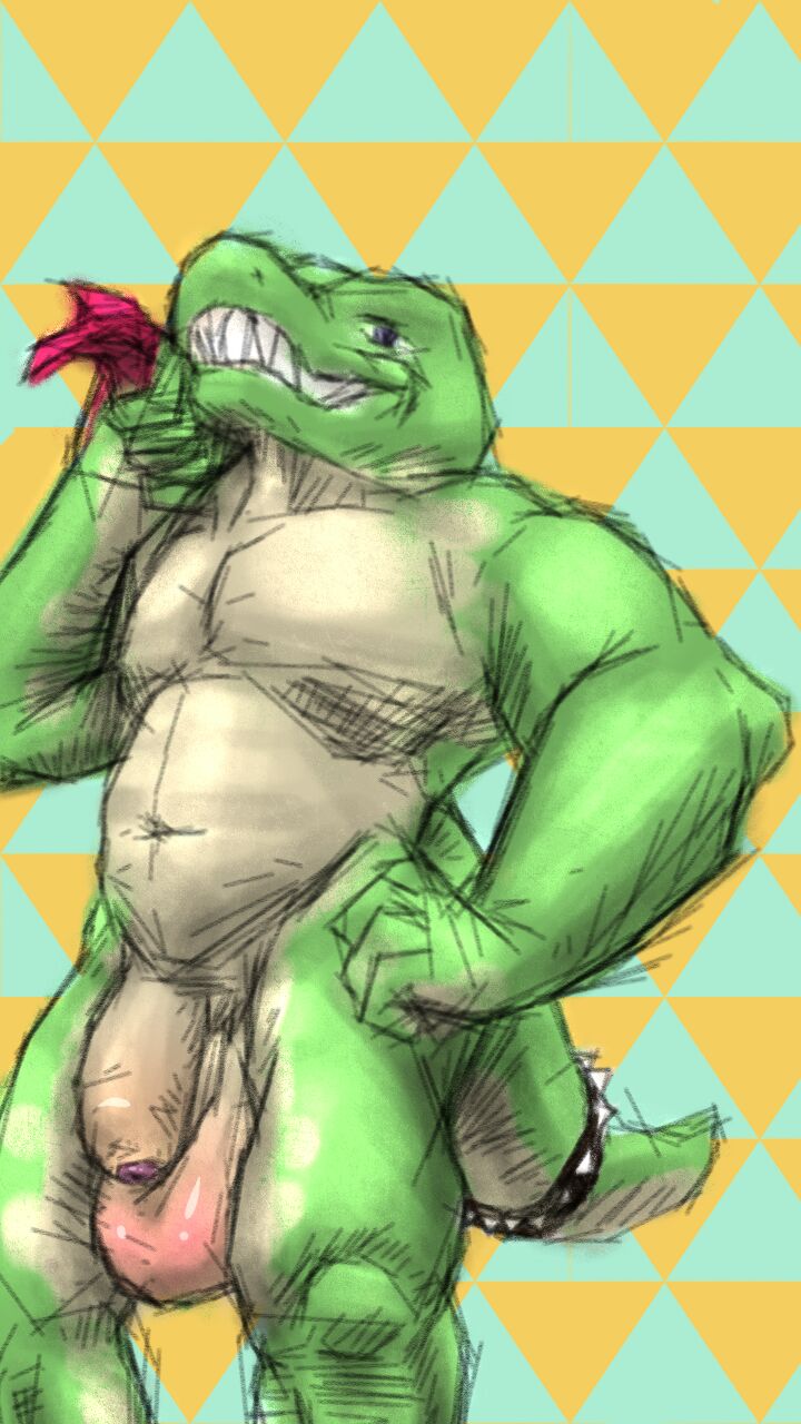 anthro balls big_balls big_penis collar flaccid glistening hi_res looking_at_viewer male male_only musclegut penis scalie smile solo spiked_collar spikes towel uncut verdrusk